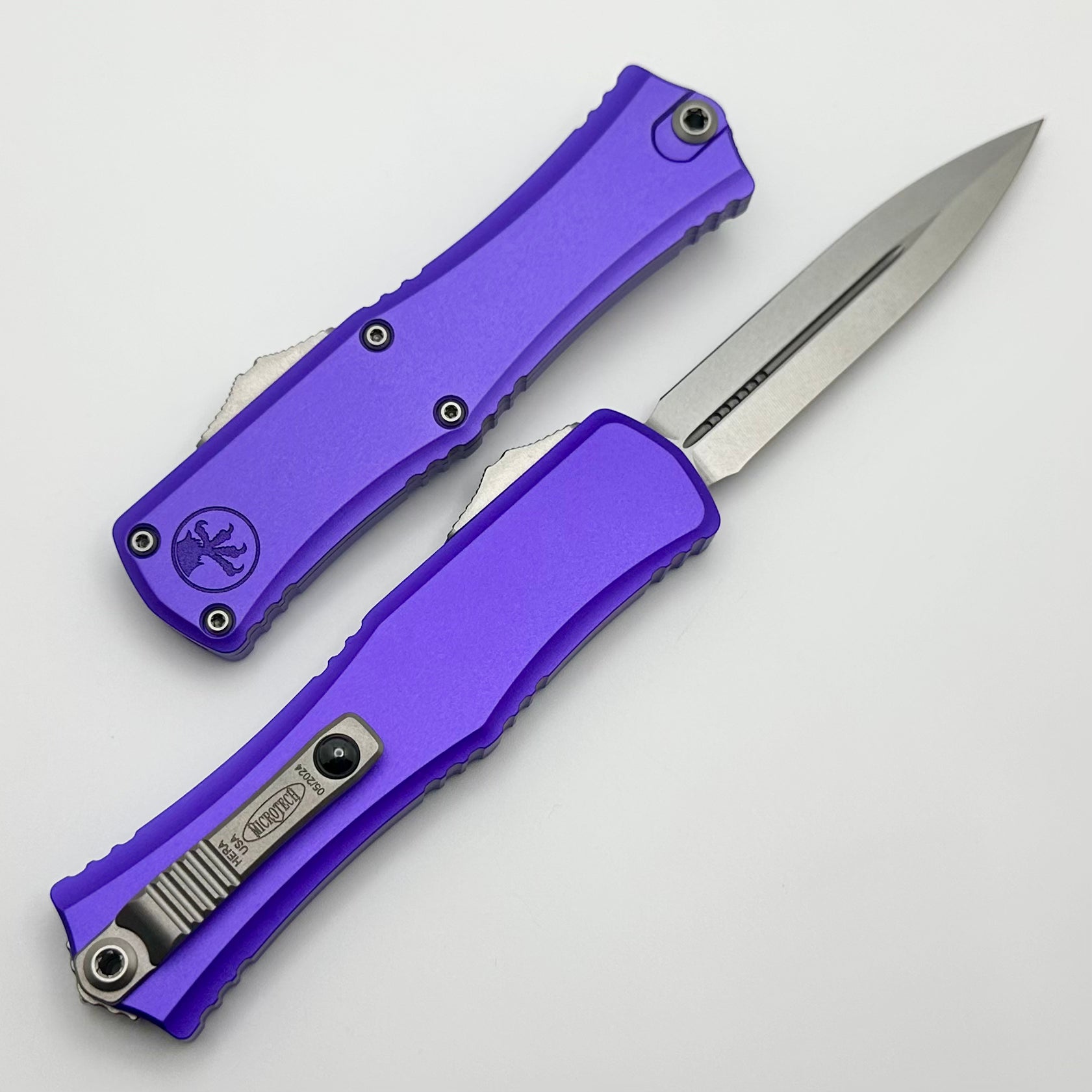 Premium Microtech Mini Hera OTF Knife - Stonewash M390MK Blade & Purple Aluminum Handle