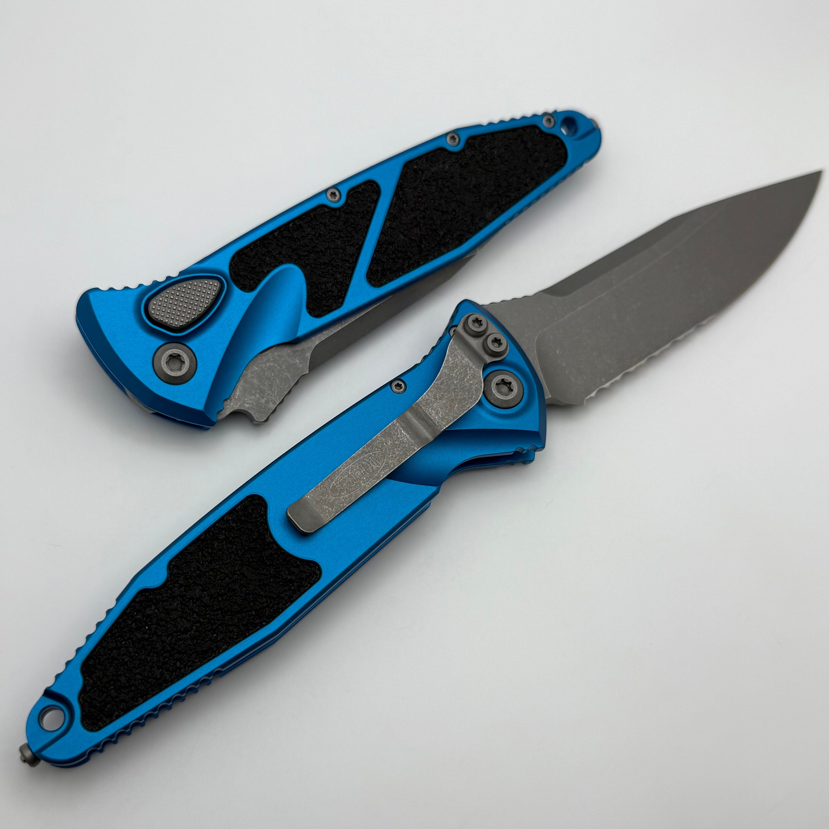 Microtech Socom Elite Auto Tactical Knife - Blue Handle, Apocalyptic Finish