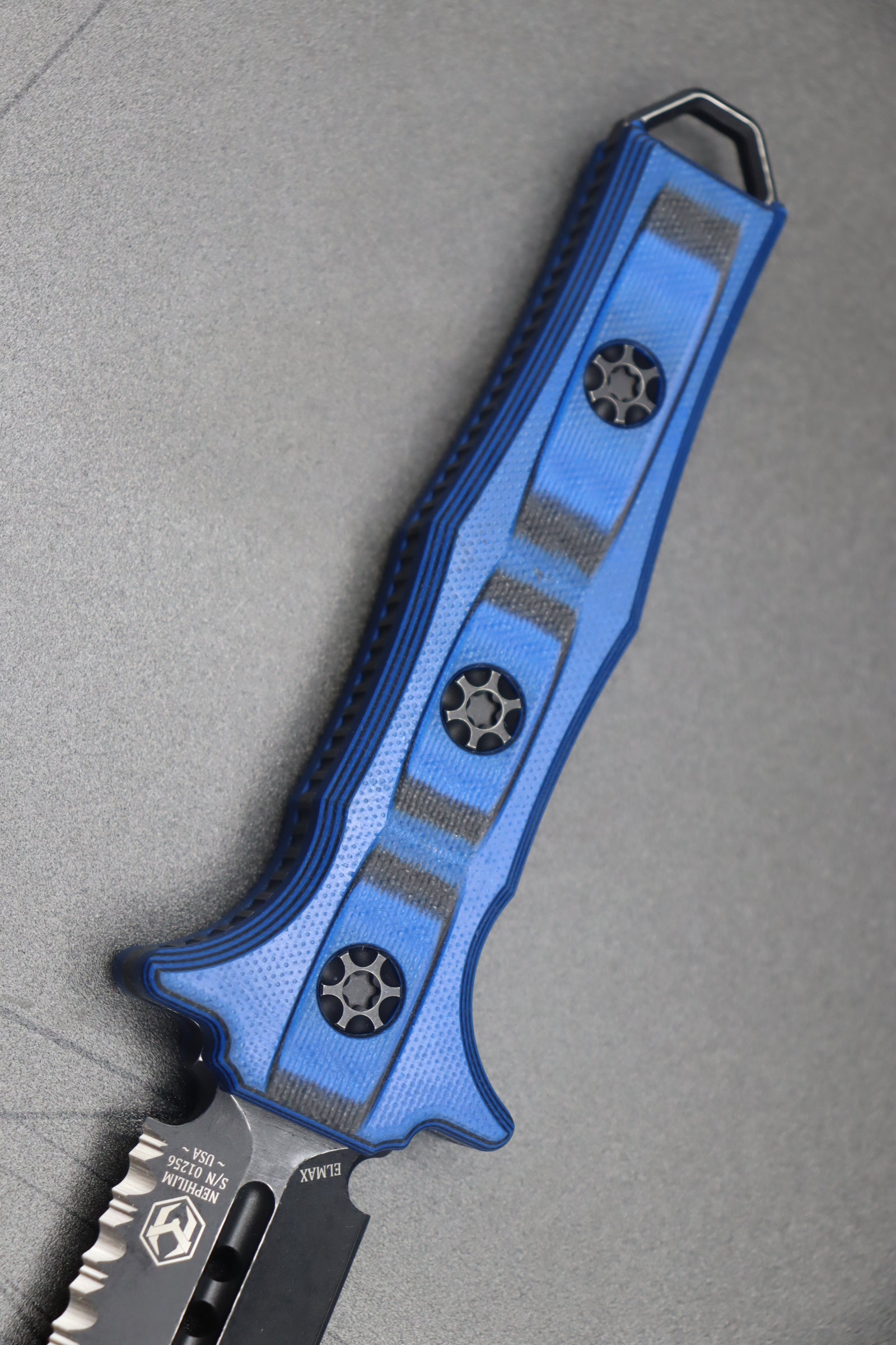 Heretic Knives Nephilim Ultimate Tactical Dagger - Black/Blue G-10 Handle & Double Edge Full Serrated Blade