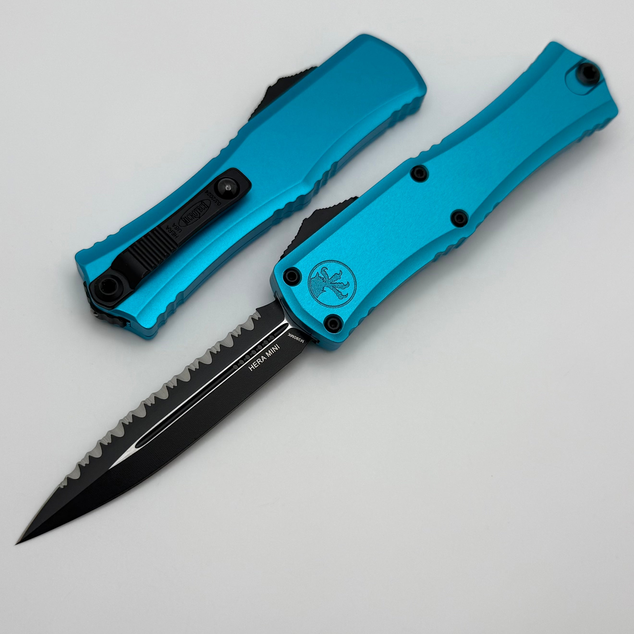 Microtech Mini Hera Ultimate Black Serrated OTF Knife with Turquoise Handle