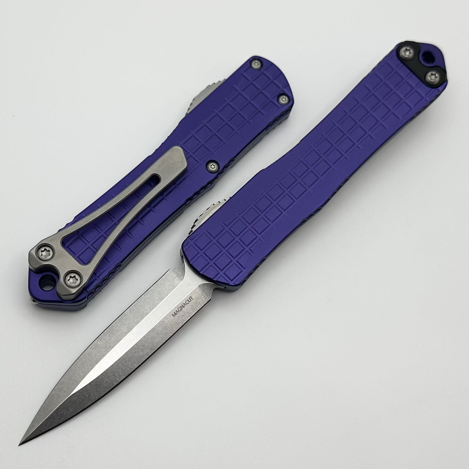 Heretic Knives Manticore S Premium OTF Pocket Knife - Purple Frag Grenade Grip & Stonewash Magnacut Blade