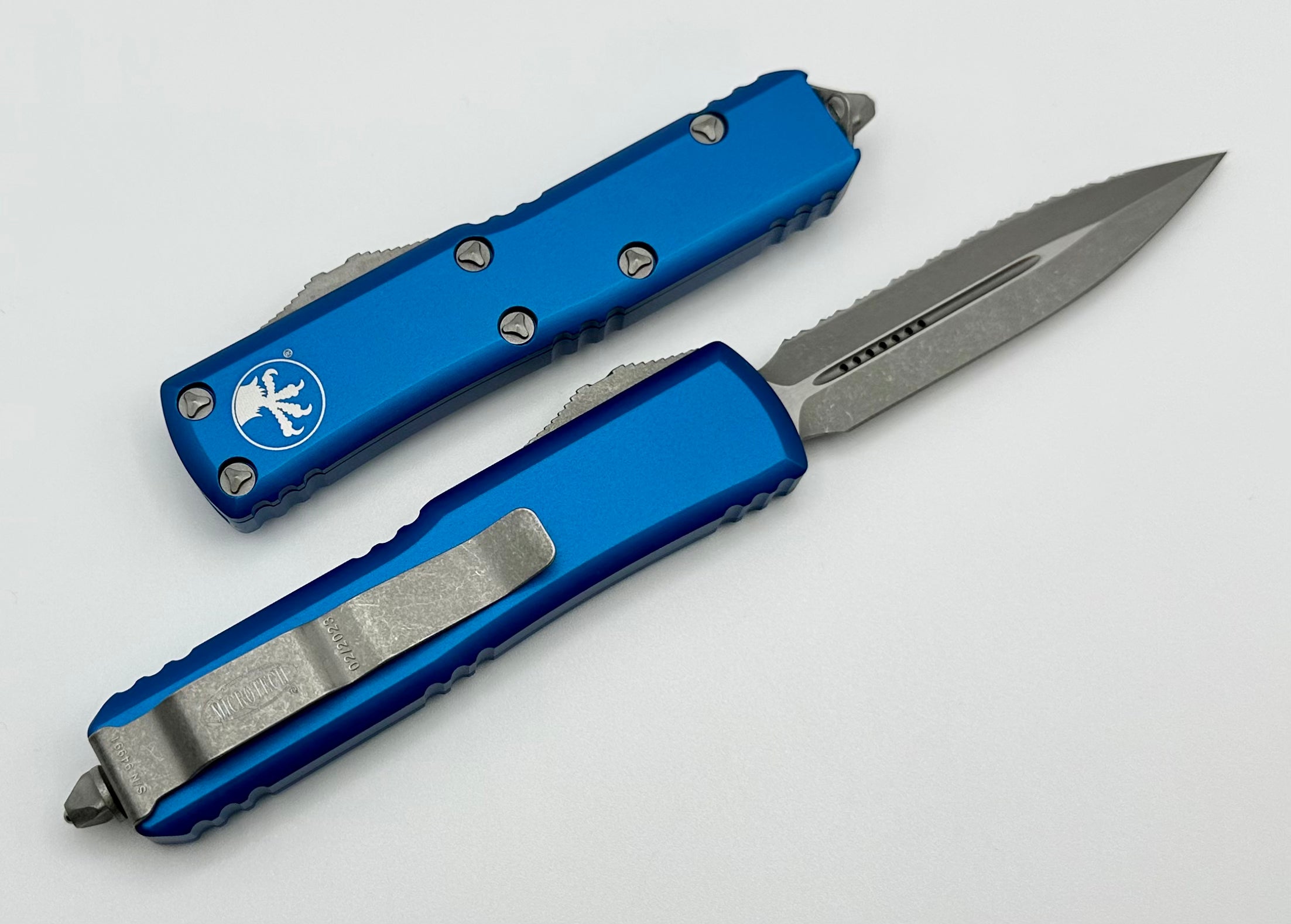 Microtech UTX-85 Apocalyptic Double Edge Tactical Knife - Premium Blue Serrated