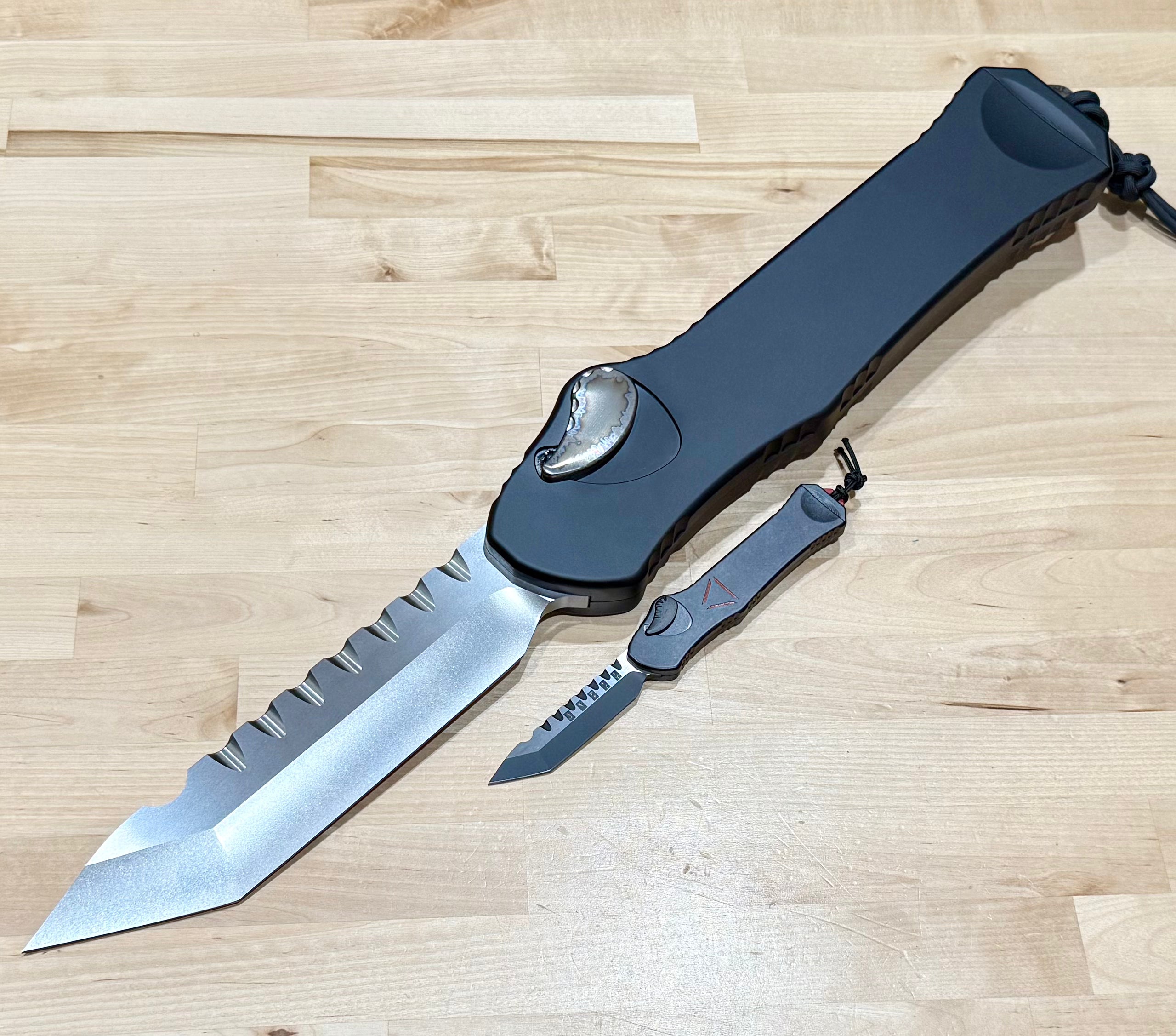 Heretic Giant Hydra 3X Ultimate Tactical Knife - Custom Black Aluminum Handle & Stonewash Tanto M390 Blade with Flamed Accents