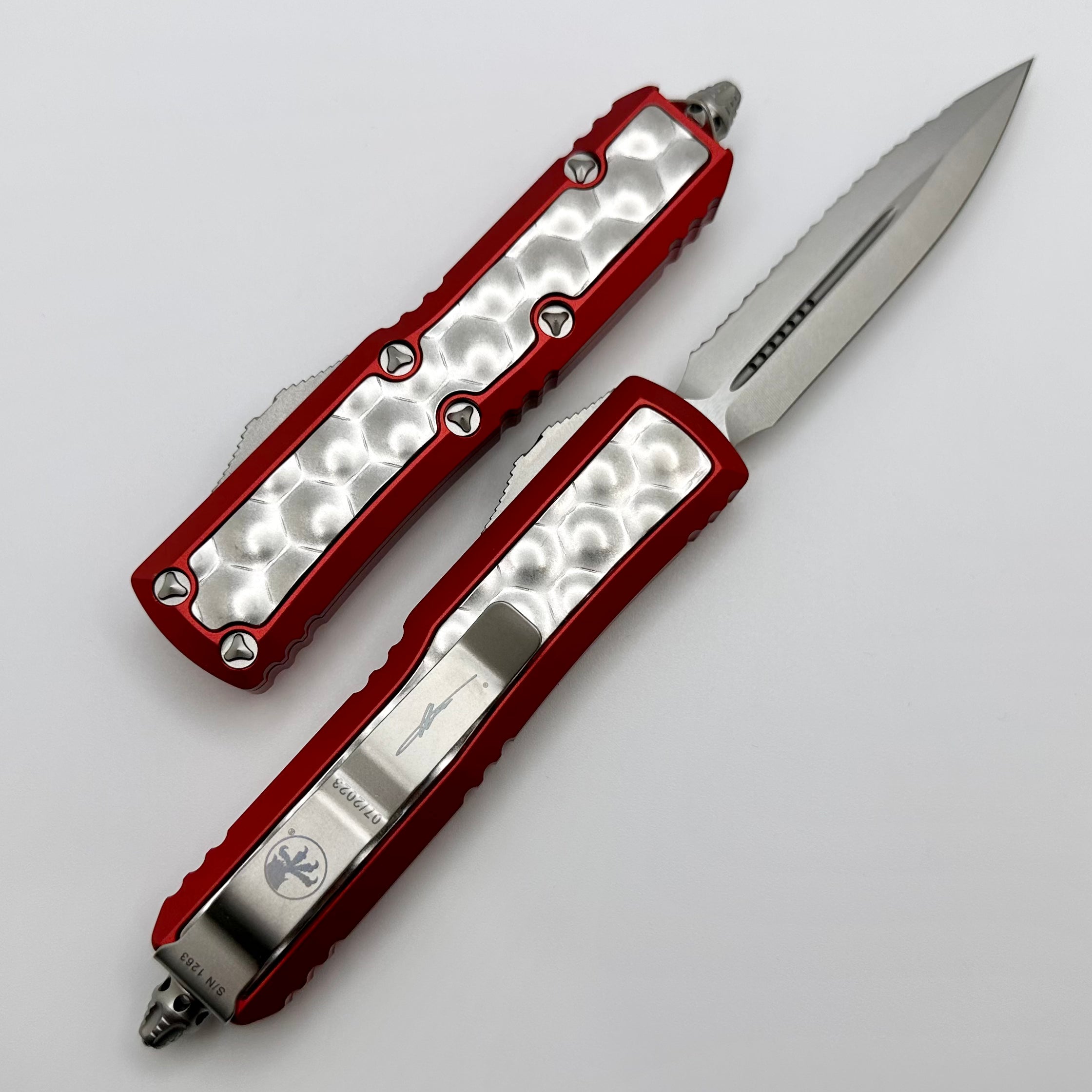 Premium Microtech Red Daytona Tactical Knife with Brute Bubble Inlays & Stonewash Double Edge - Signature Series 126-12RDBIS