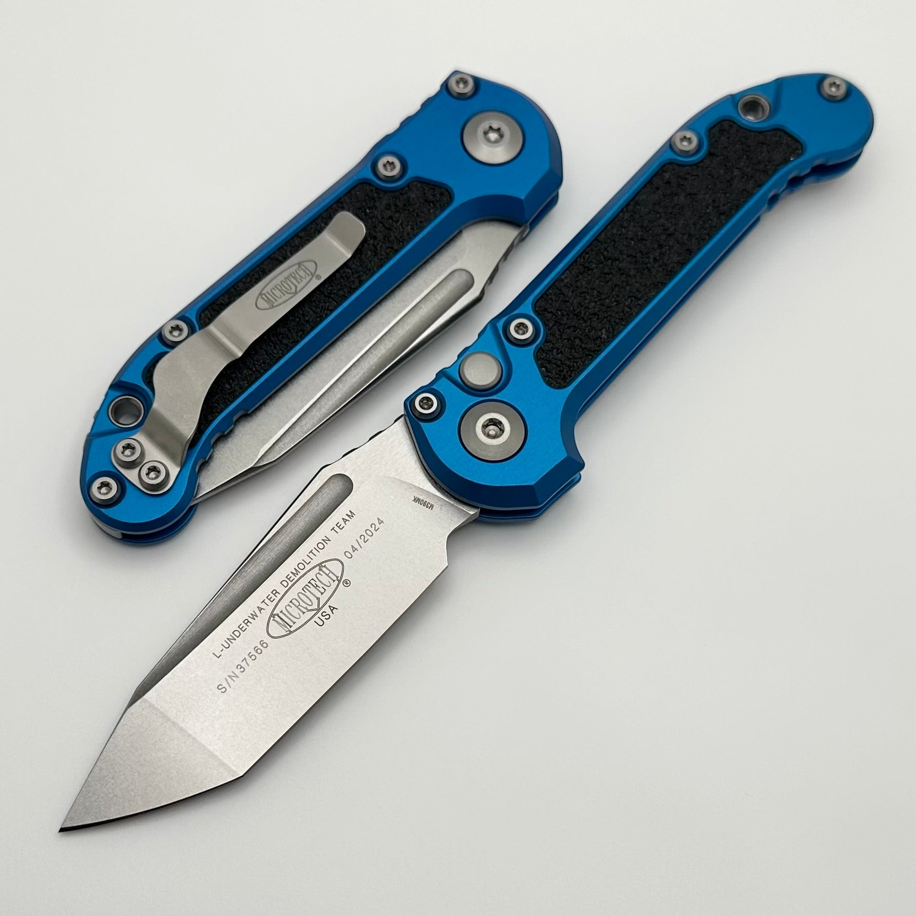 Microtech Ultimate LUDT Gen III Tactical Knife - Stonewash Tanto with Blue Aluminum Handle