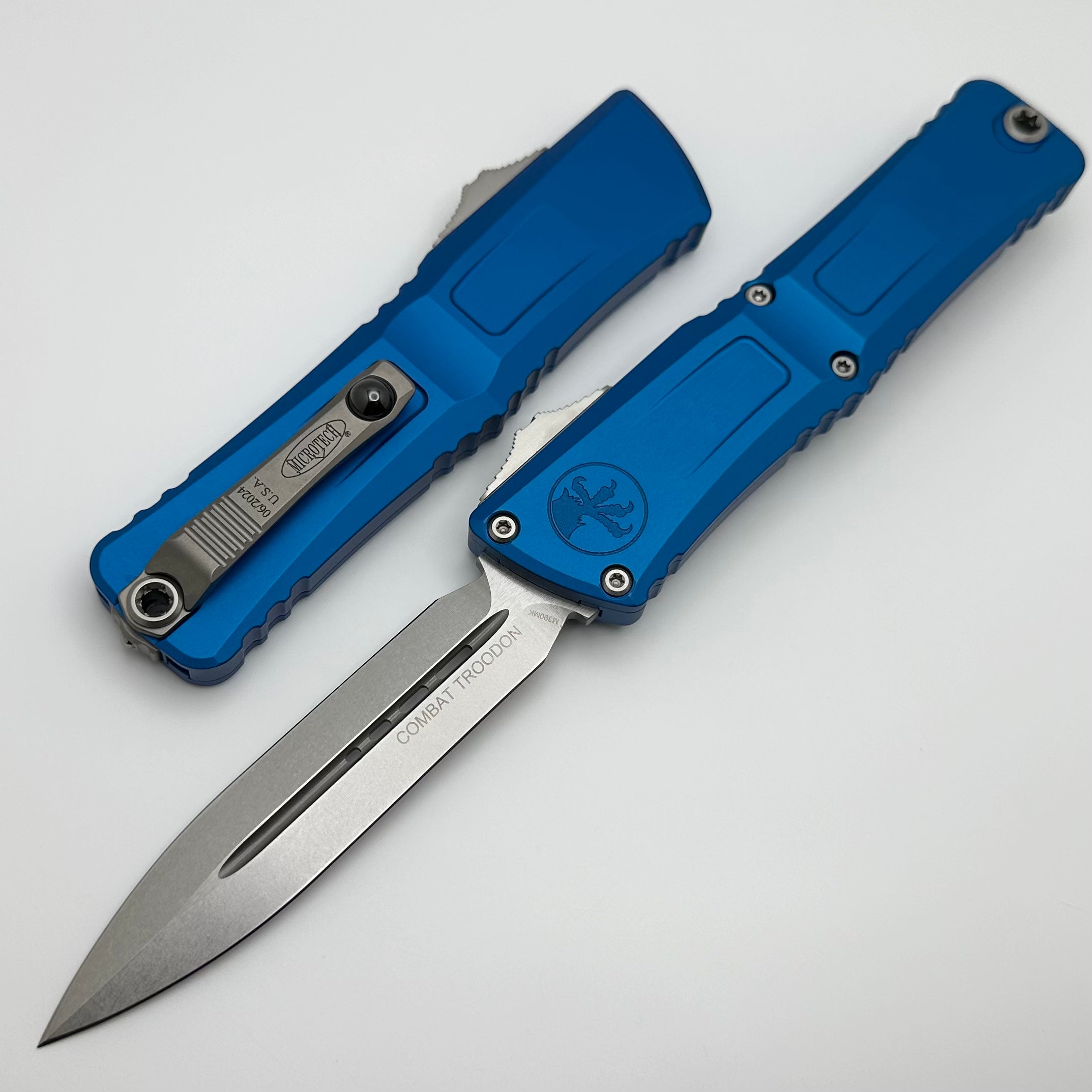 Microtech Premium Combat Troodon Gen III OTF Knife - Stonewash Double Edge with Blue Handle