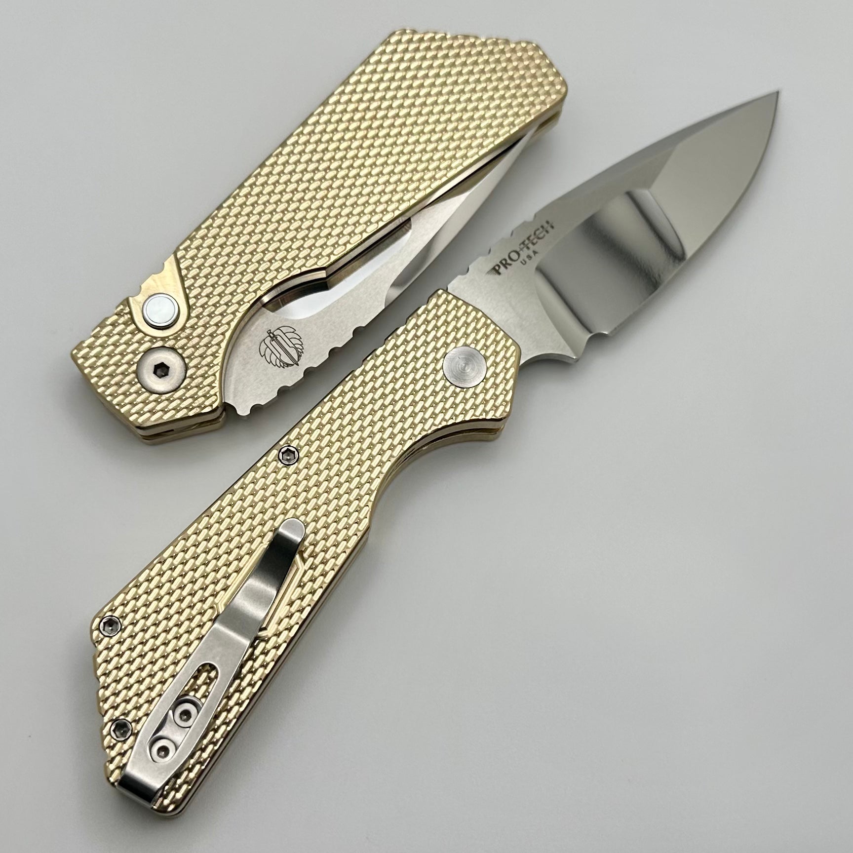 Premium Pro-Tech PT+ Custom Knife - Limited Edition 2024 with Textured AL/Bronze Handle & Hand Mirrored Blade