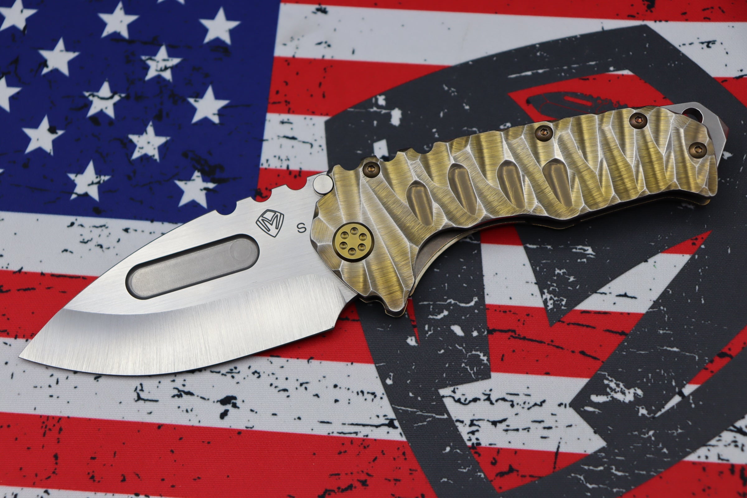 Medford Knife Praetorian T - Premium Drop Point Satin S35 Blade with Bronze Accents & Brushed Silver Predator Handles