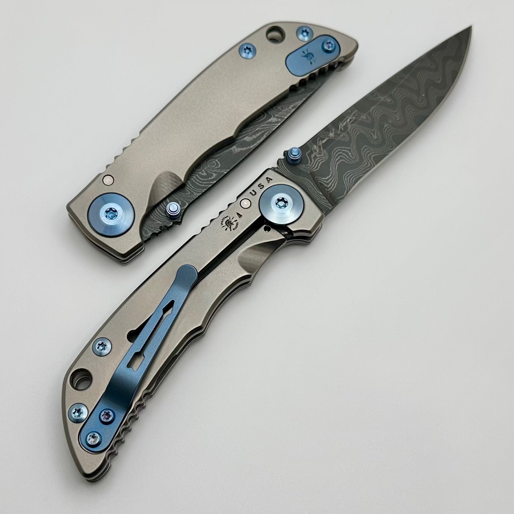 Premium Spartan Harsey Folder 3.25 - Damascus Blade & Blue Accents