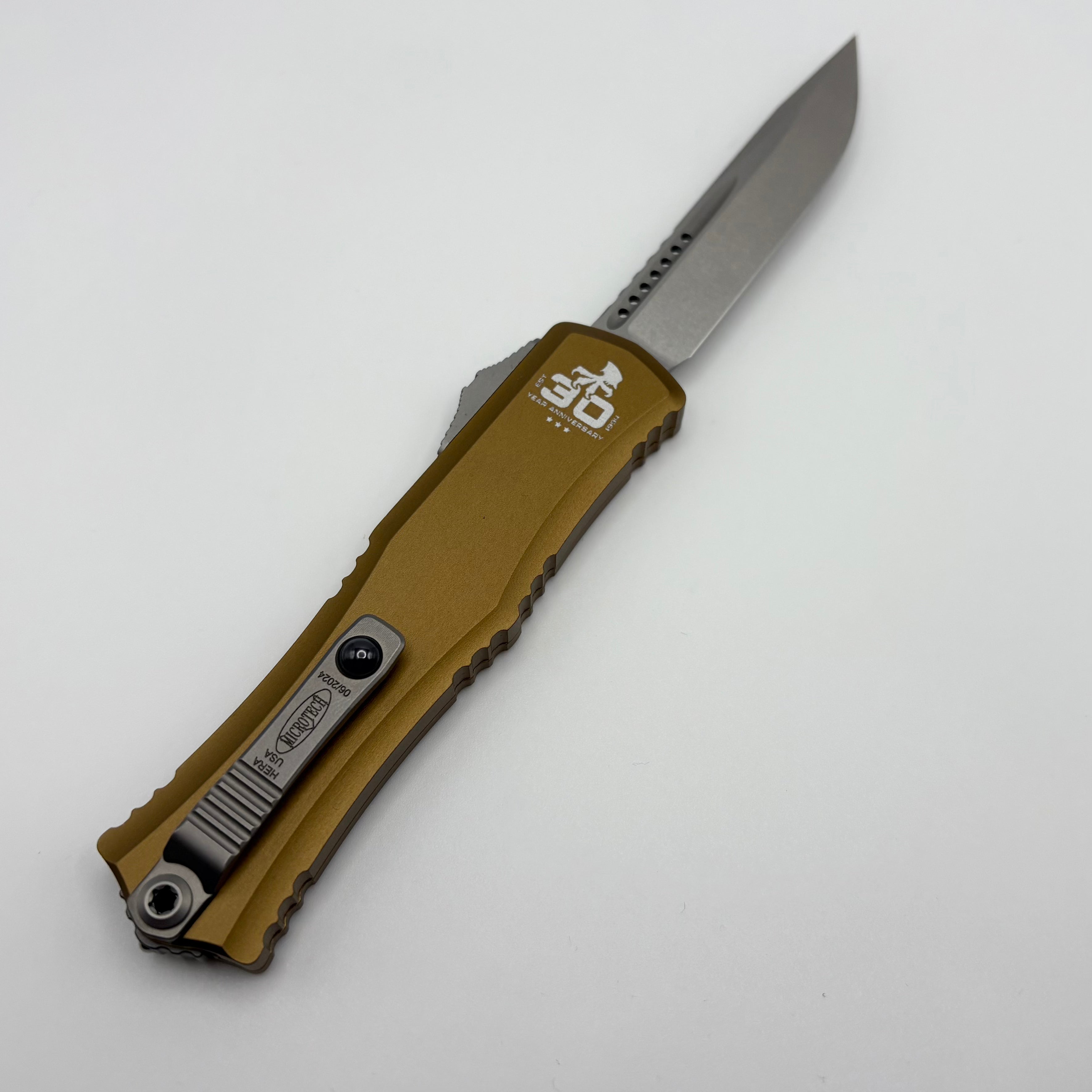 Premium Pre-Owned Microtech Mini Hera 30th Anniversary EDC Knife - Stonewash S/E M390MK with Tan Handle