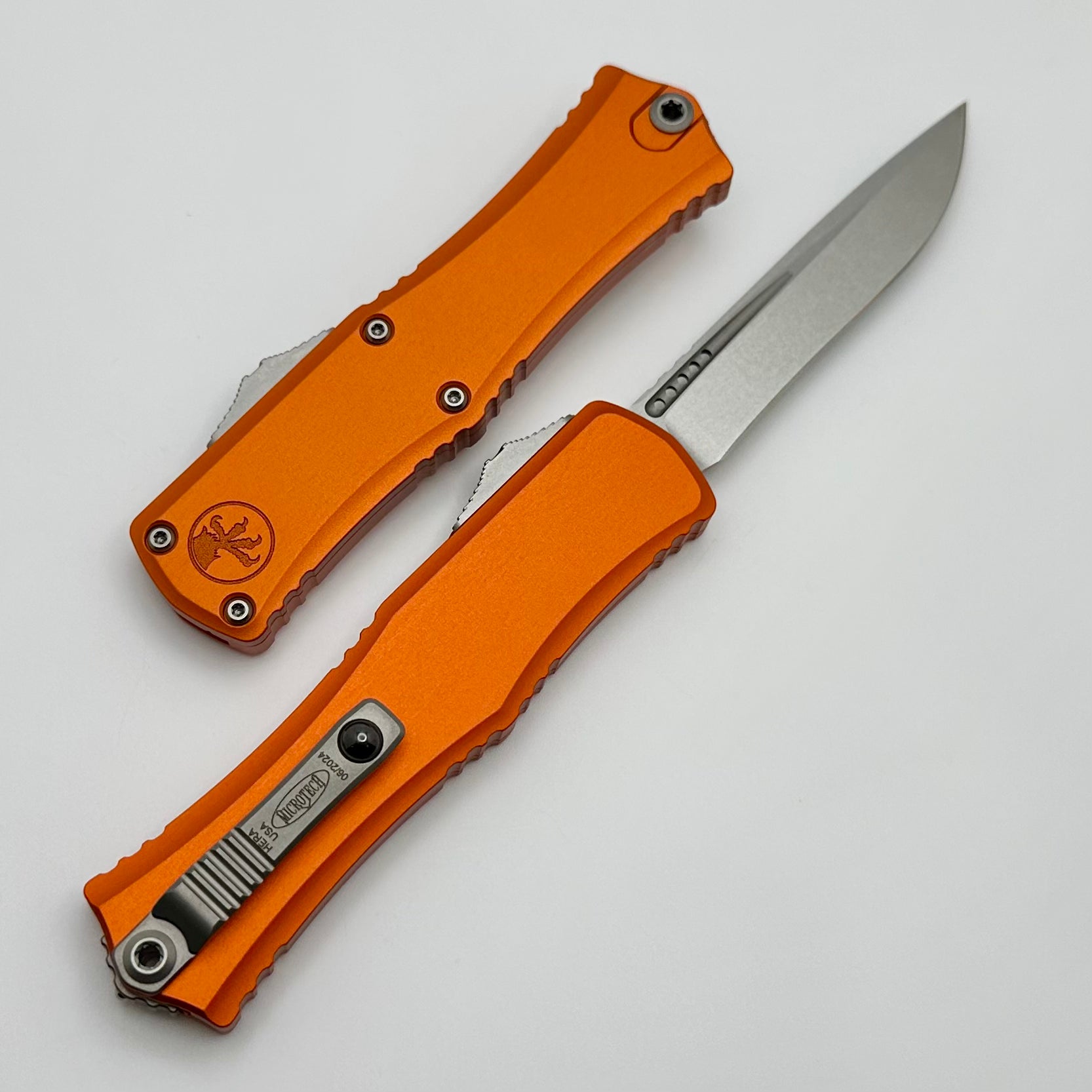 Microtech Premium Mini Hera EDC Knife - Stonewash M390MK Blade, Orange Aluminum Handle