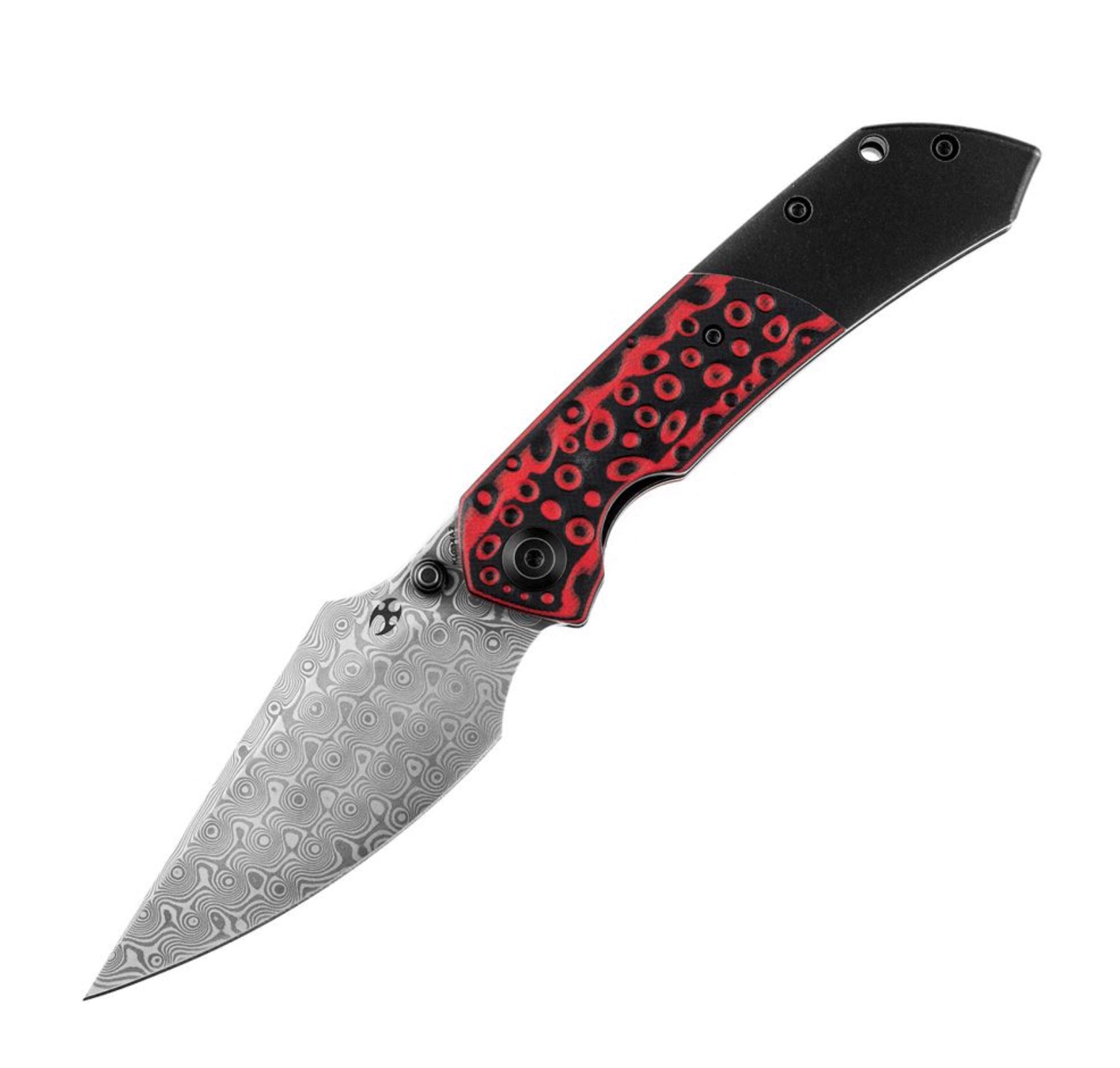 Kansept Fenrir Ultimate EDC Knife - Red Swirl G-10/Titanium & Damascus Blade