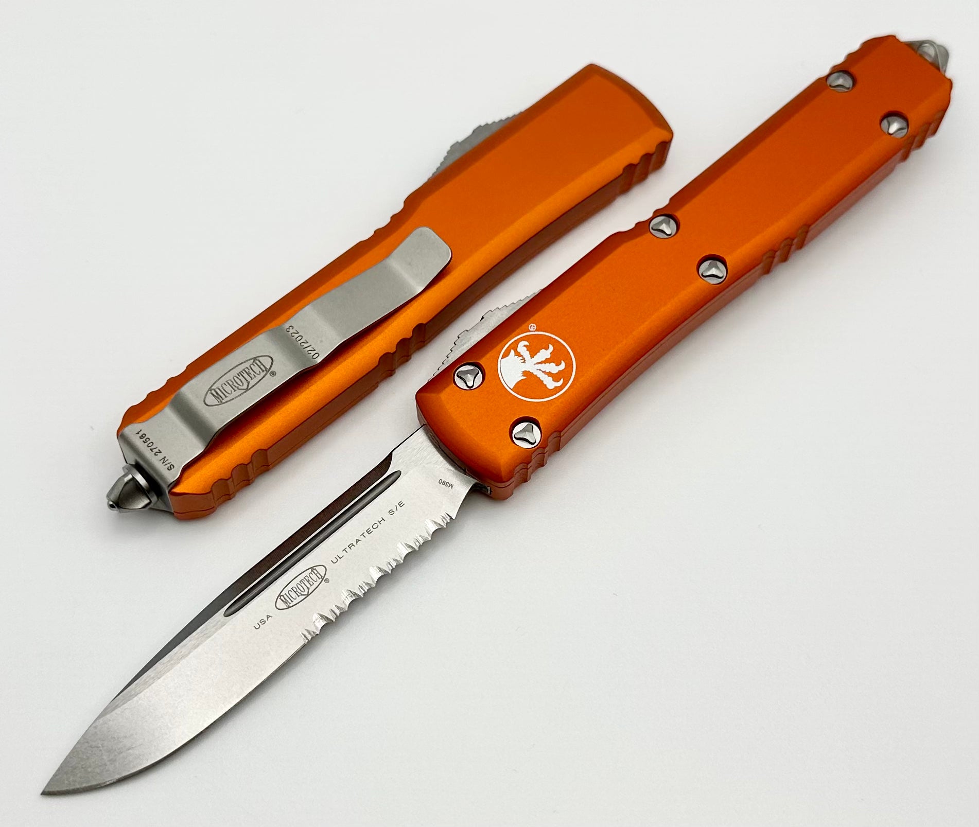 Microtech Ultratech Premium Orange OTF Knife - Single Edge Stonewash with Partial Serration