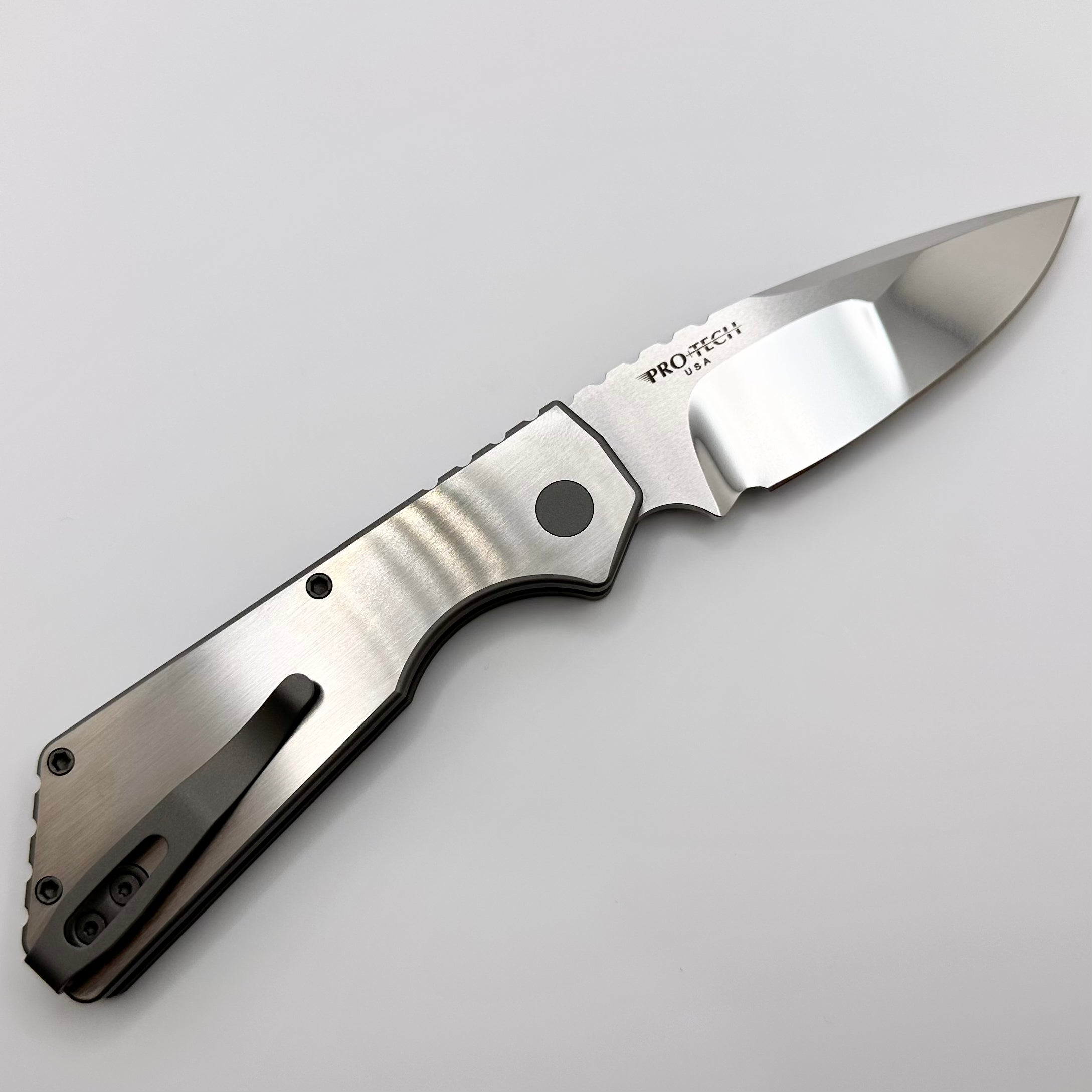 PRE OWNED Pro-Tech PT Plus Custom Knife - Premium Hand Satin Finish, Black Lip Pearl Button, Mirrored Compound Blade by Mike Irie 2023