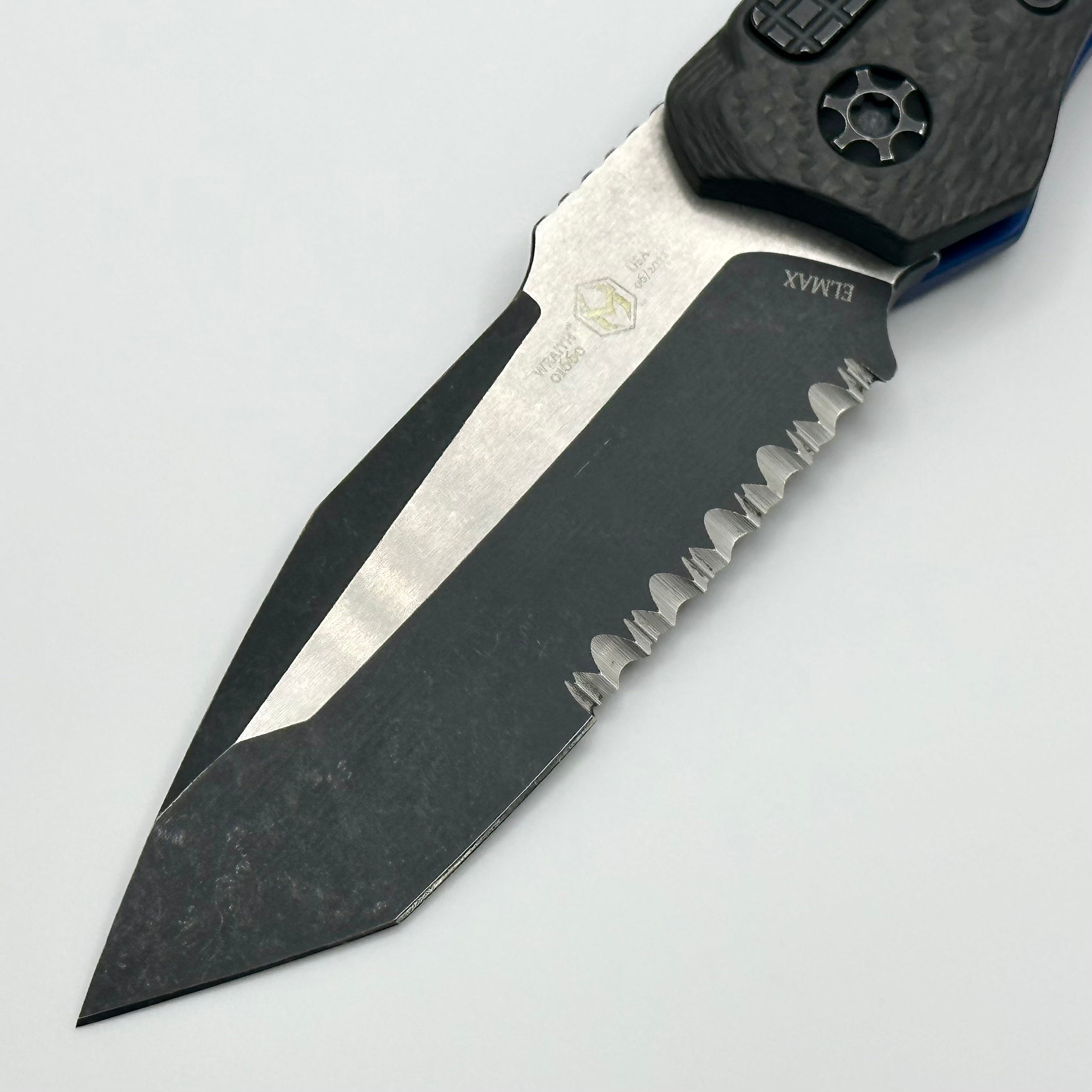 Heretic Knives Wraith Auto Elite: Two-Tone Tanto with Carbon Fiber Bolster & Blue Handle (H100-8B-BLU) - Blemished Edition