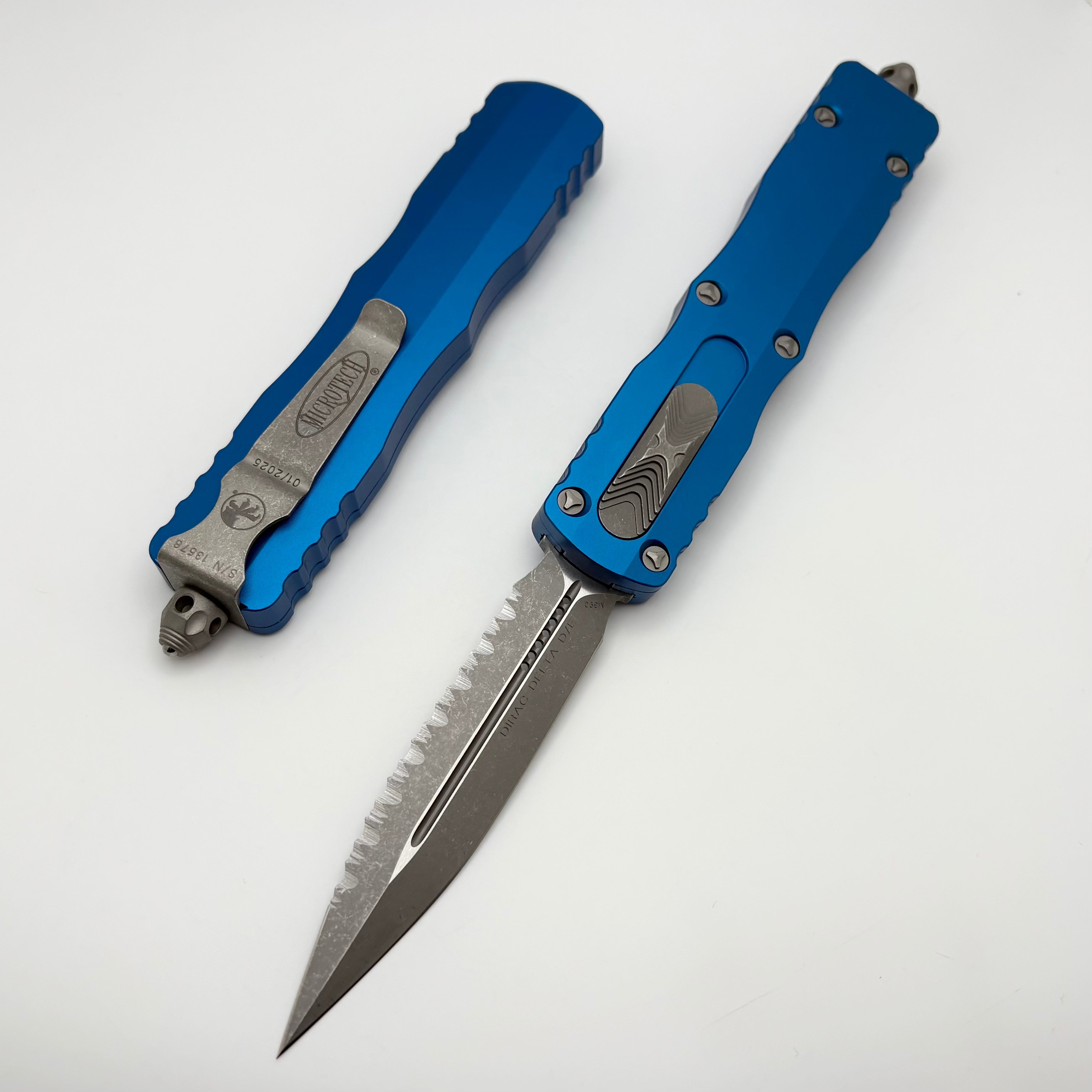 Premium Microtech Dirac Delta D/E Apocalyptic Full Serrated Knife with Blue Handles