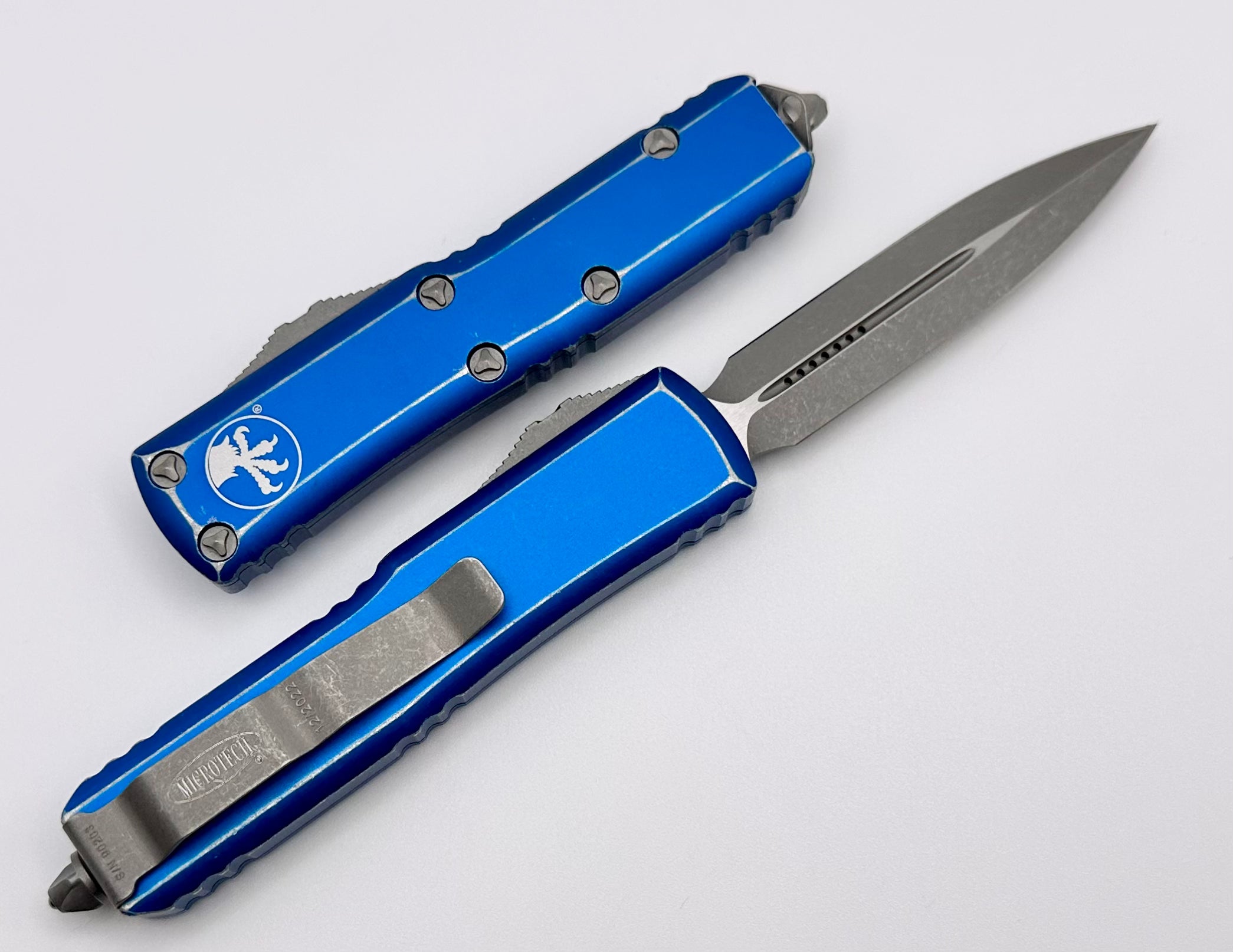 Microtech UTX-85 Apocalyptic Double Edge Tactical Knife - Distressed Blue Finish