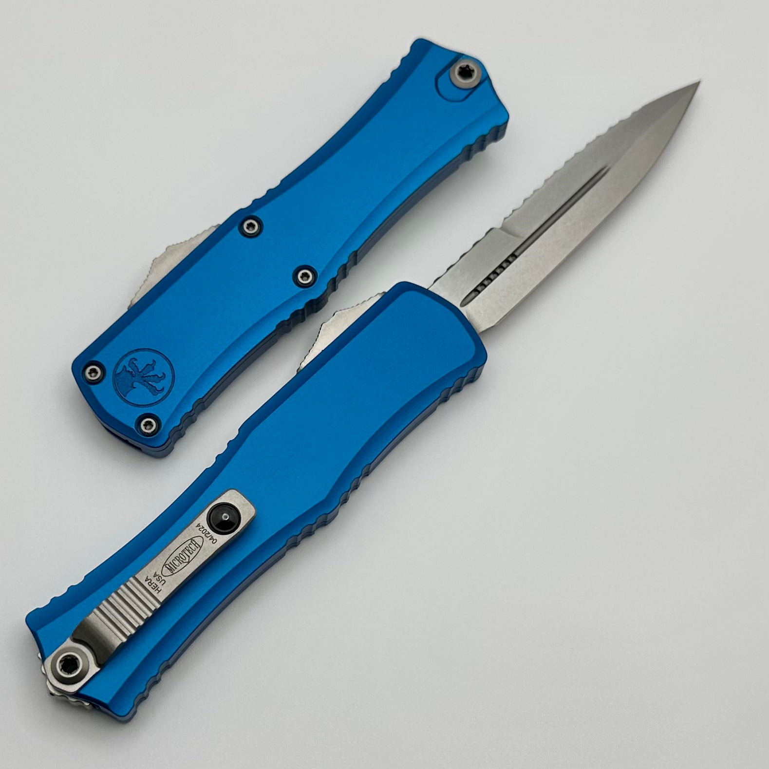 Microtech Mini Hera Premium EDC Knife - Full Serrated Stonewash M390MK Blade with Blue Aluminum Handle