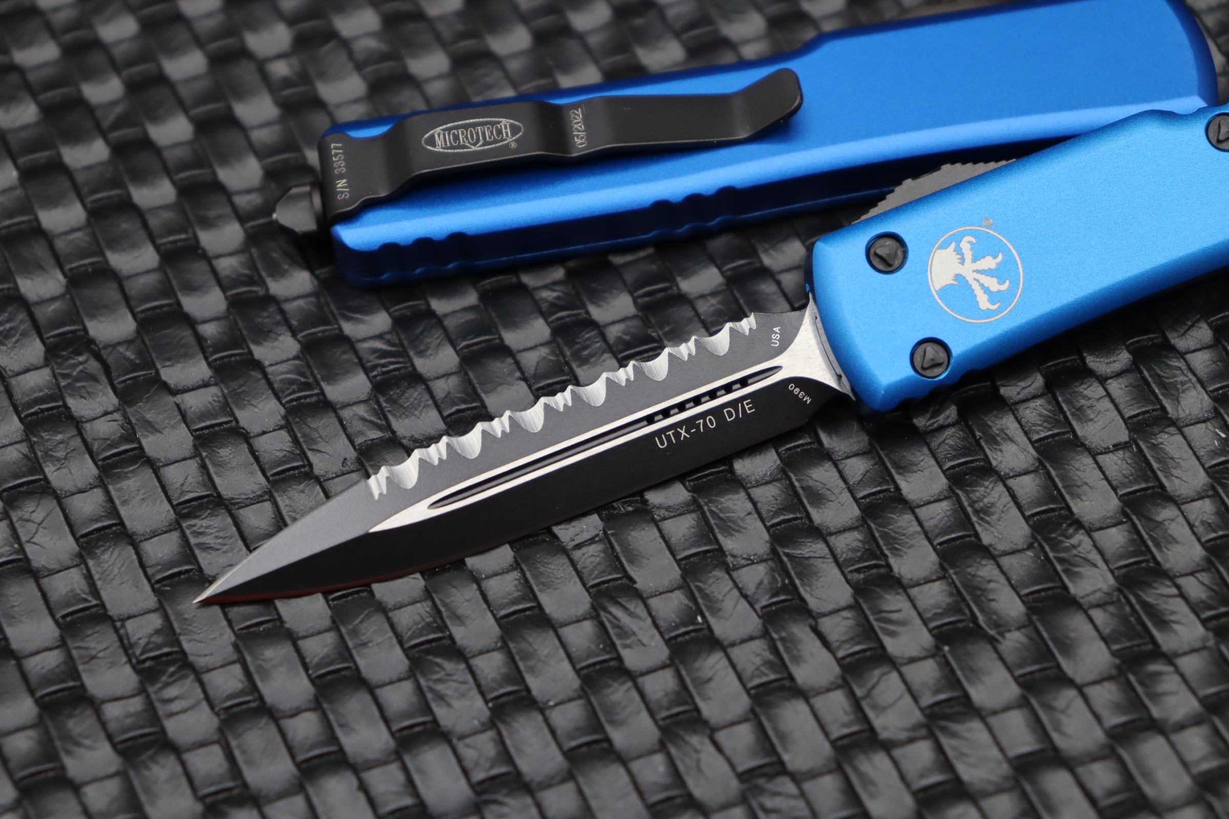 Microtech UTX-70 Ultimate Tactical Knife - Black Full Serrated & Blue