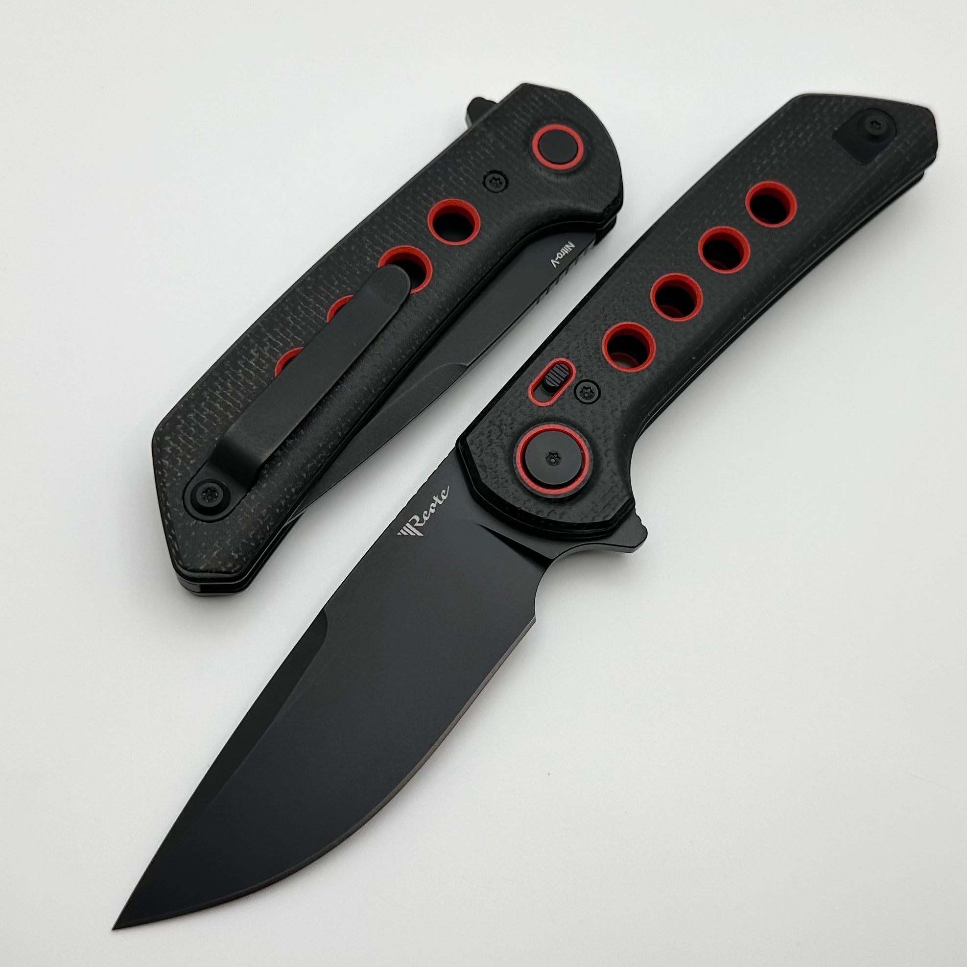 Reate Knives PL-XF Premium Folding Knife - Black Micarta & Red G-10 Inlays | PVD Nitro-V Blade