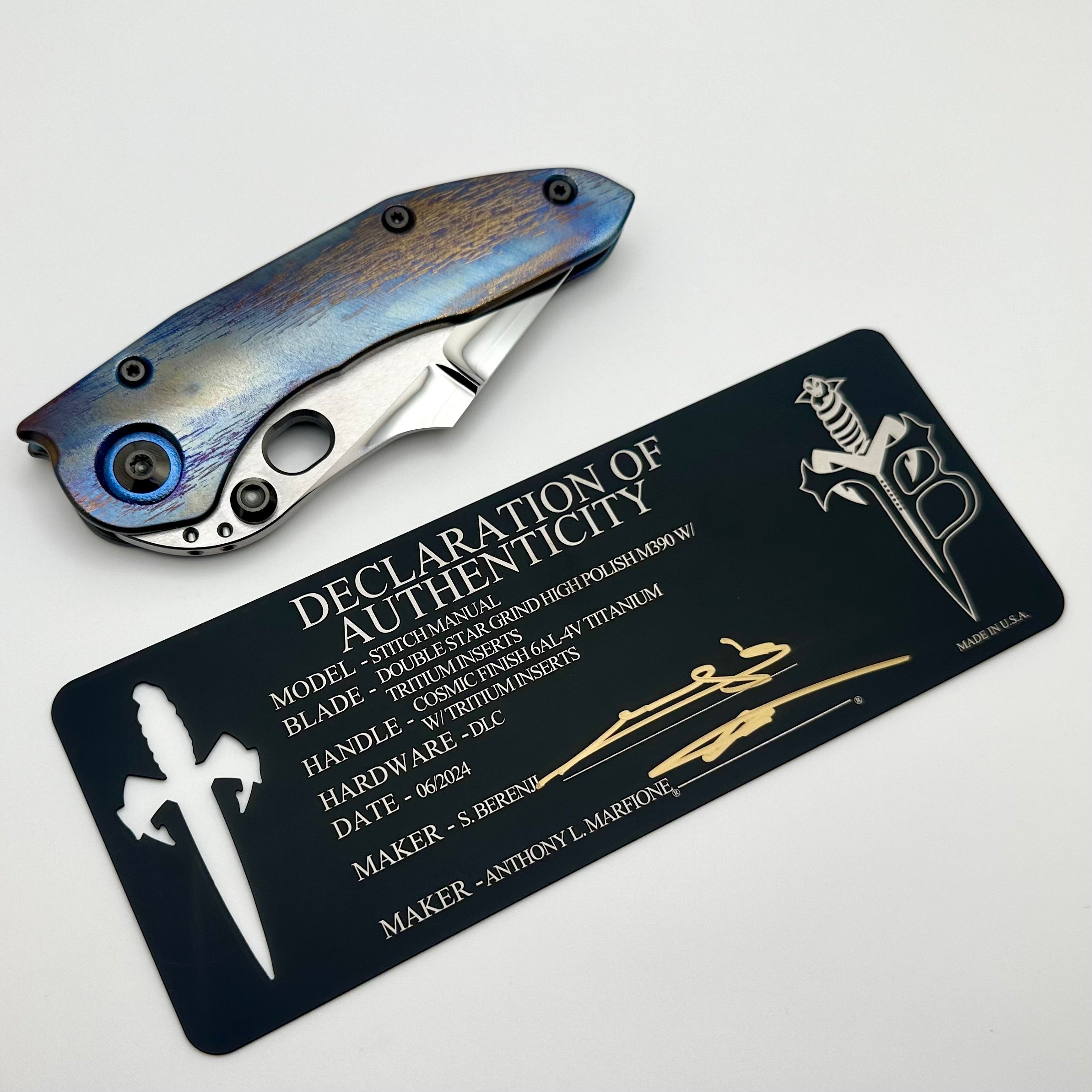 Premium Marfione Custom Stitch Cosmic Knife - Tritium Inlaid Double Star Blade