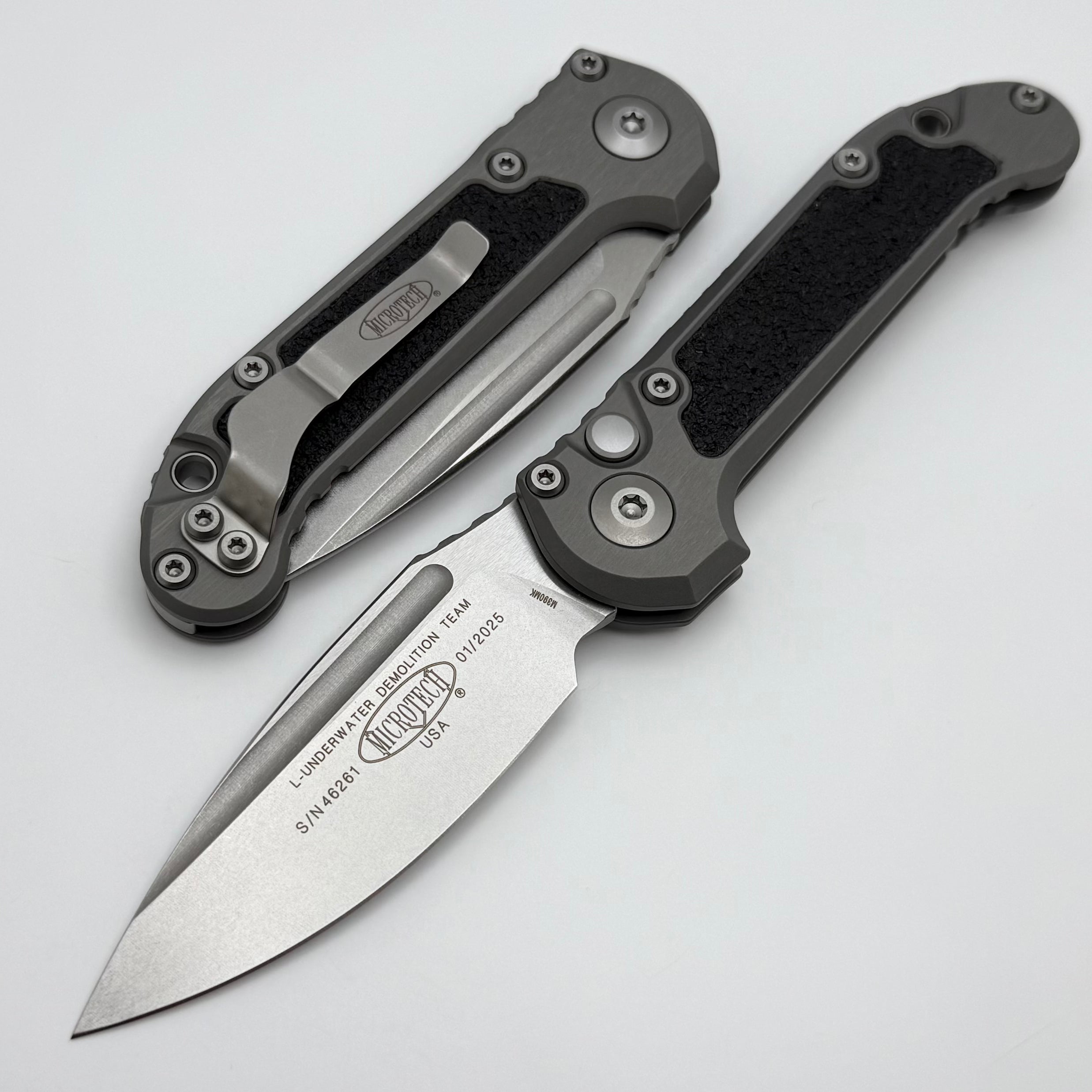 Microtech LUDT Gen III Premium Folding Knife - Stonewash Drop Point with Natural Clear Handle