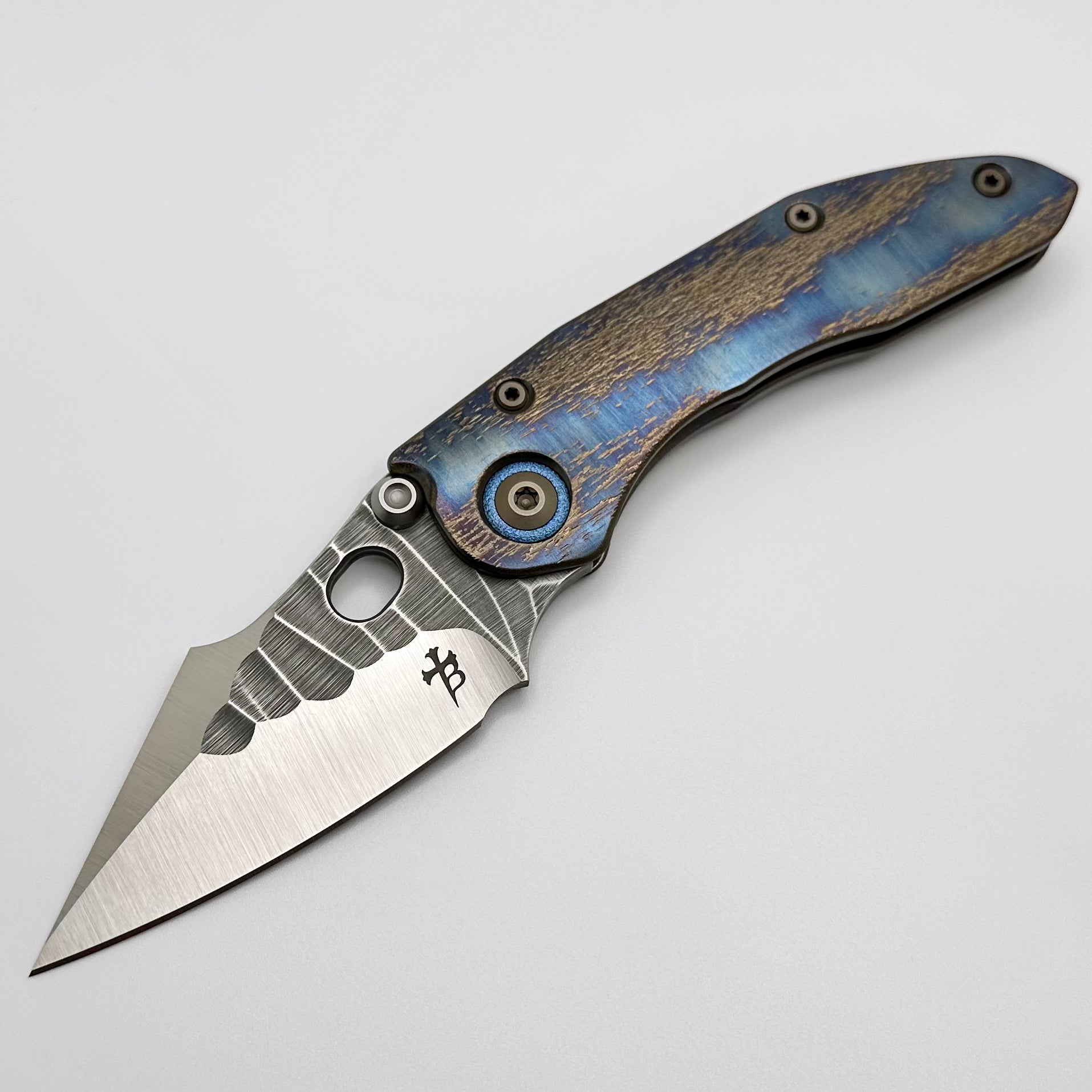 Premium Borka Blades Custom Rocker Cosmic Stitch Knife with Rock Grind Blade & Blue Pivot Collars