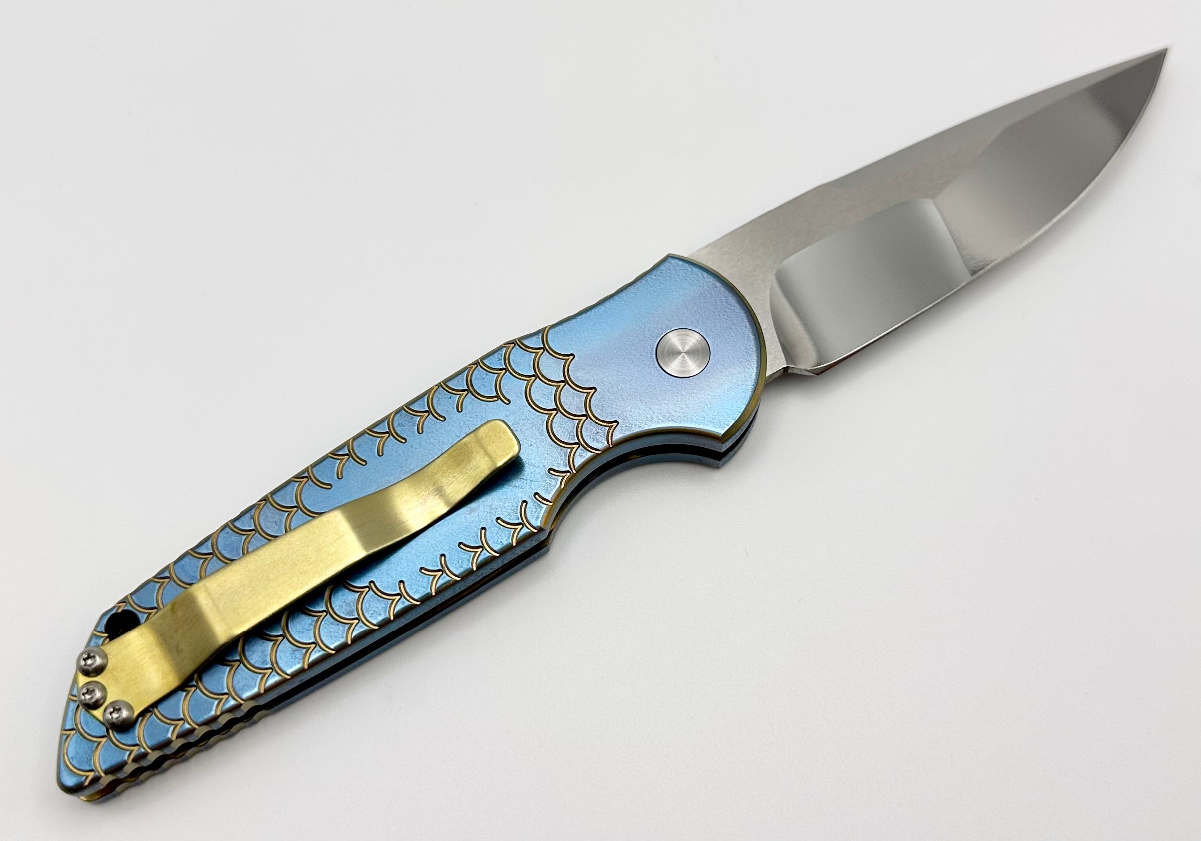 Ultimate Pro-Tech TR-3 Custom Titanium Knife - Orange Peel Blue/Bronze Fish Scale Design with Mirror Blade