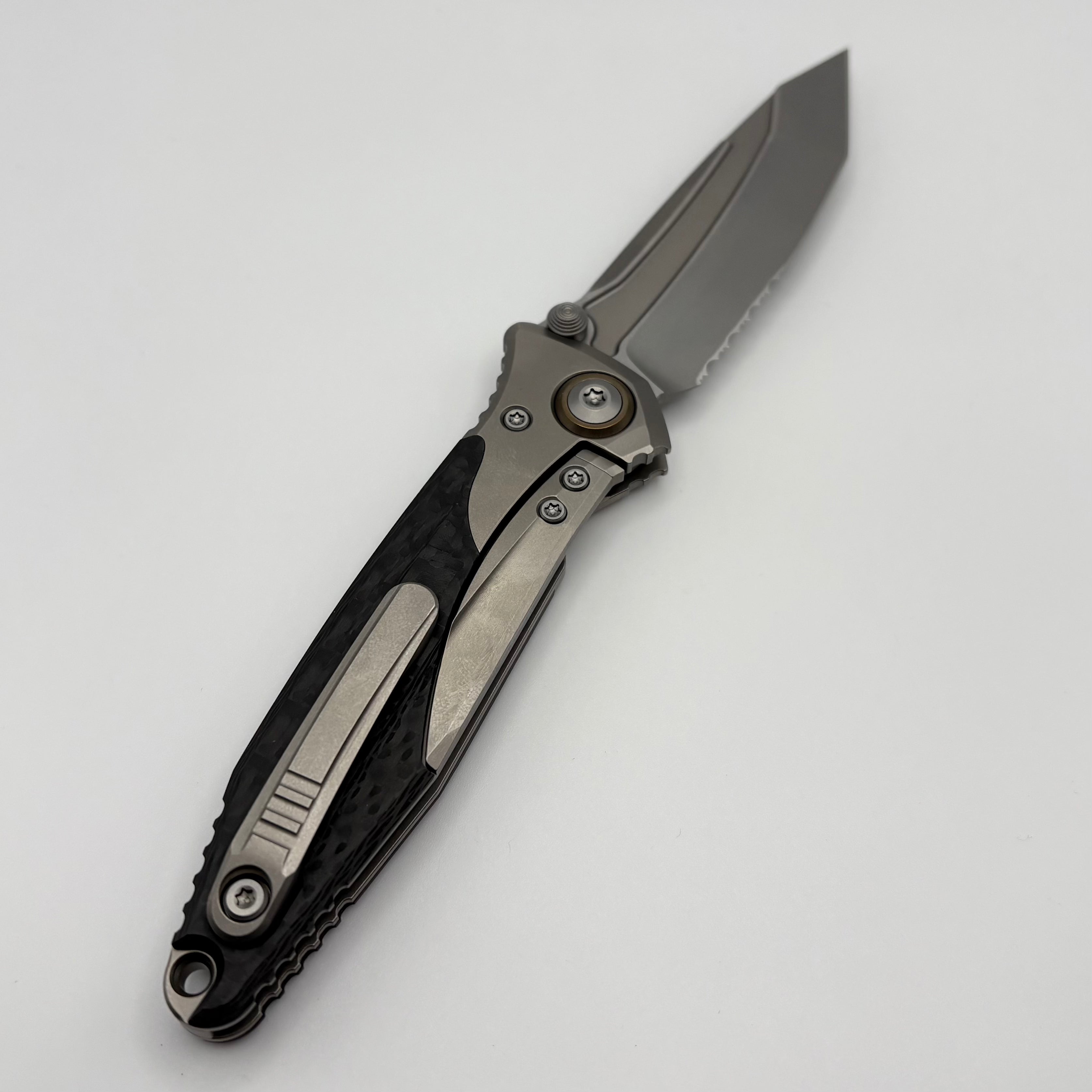 Premium Pre-Owned Microtech Socom Bravo Mini Tanto - Tactical Knife with Carbon Fiber & Bronze Titanium Accents