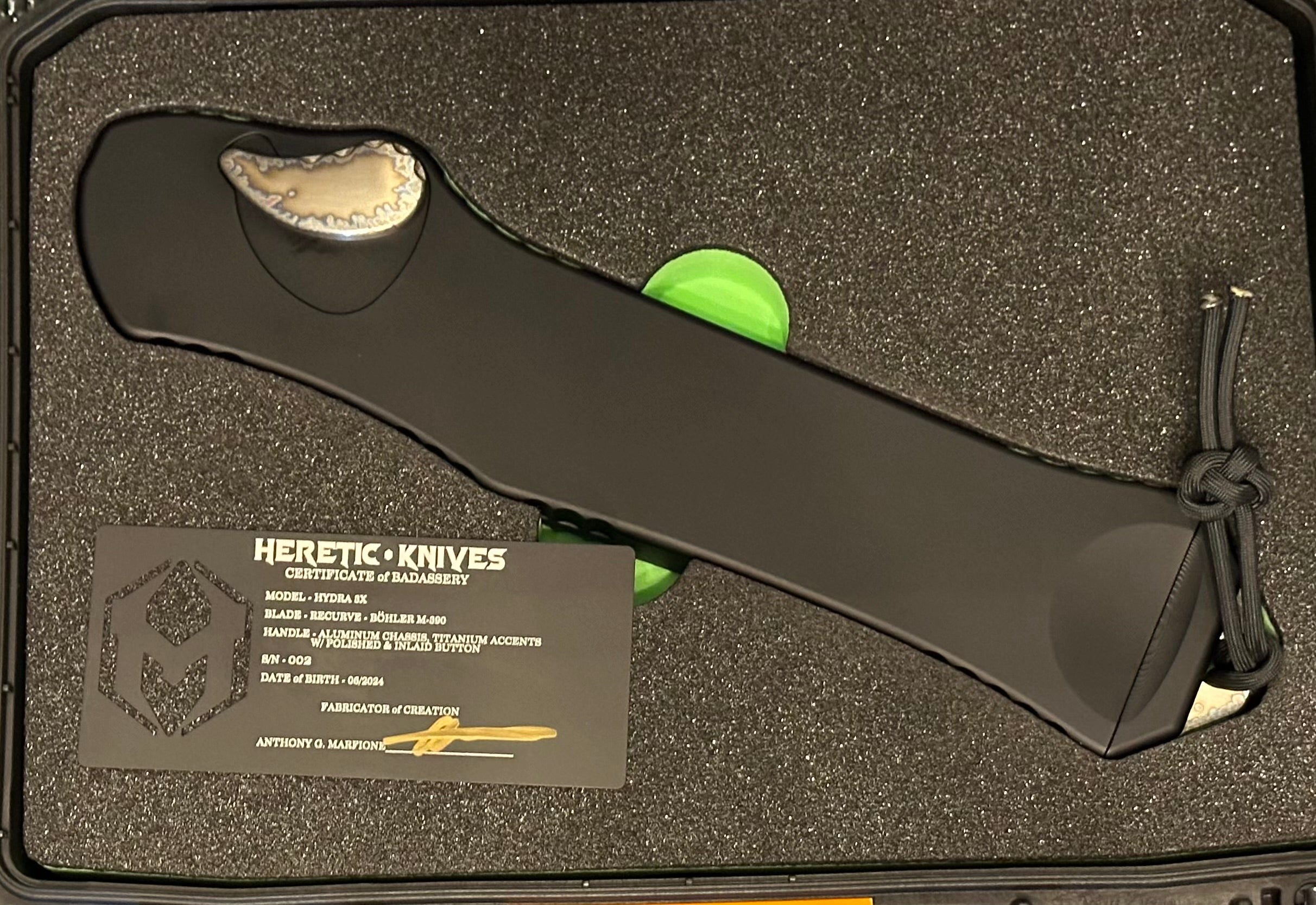 Heretic Giant Hydra 3X Premium Tactical Knife - Custom Black Aluminum Handle & Stonewash Recurve M390 Blade with Flamed Accents