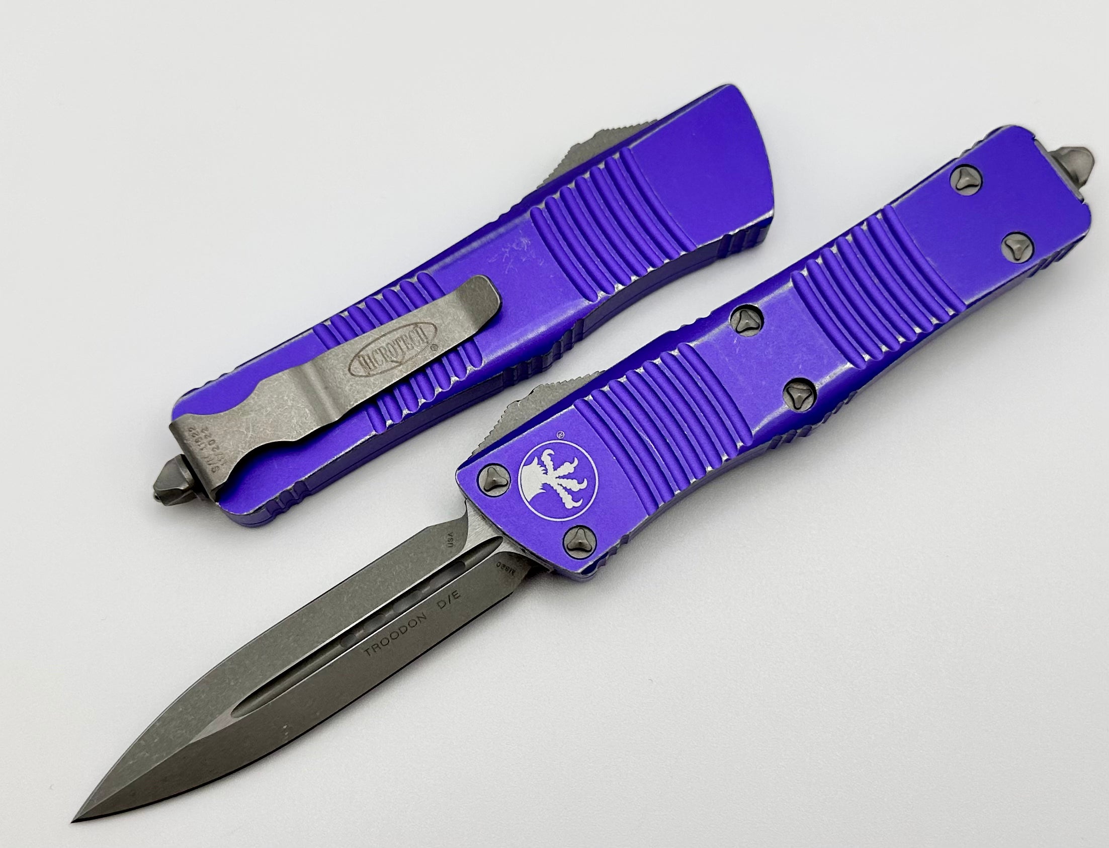 Premium Microtech Troodon Double Edge Knife - Distressed Purple Edition