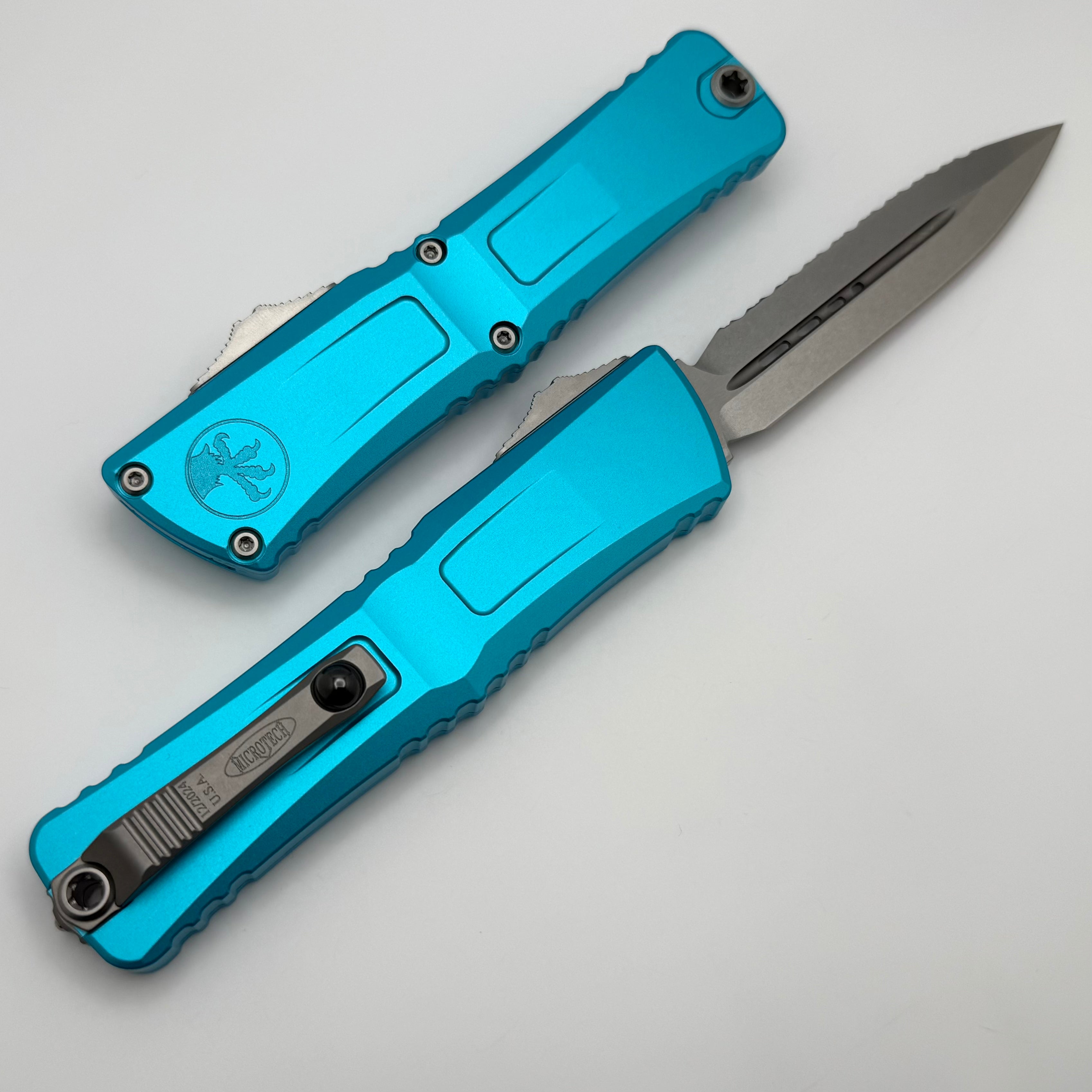 Premium Microtech Combat Troodon Gen III OTF Knife - Full Serrated Double Edge with Turquoise Handle