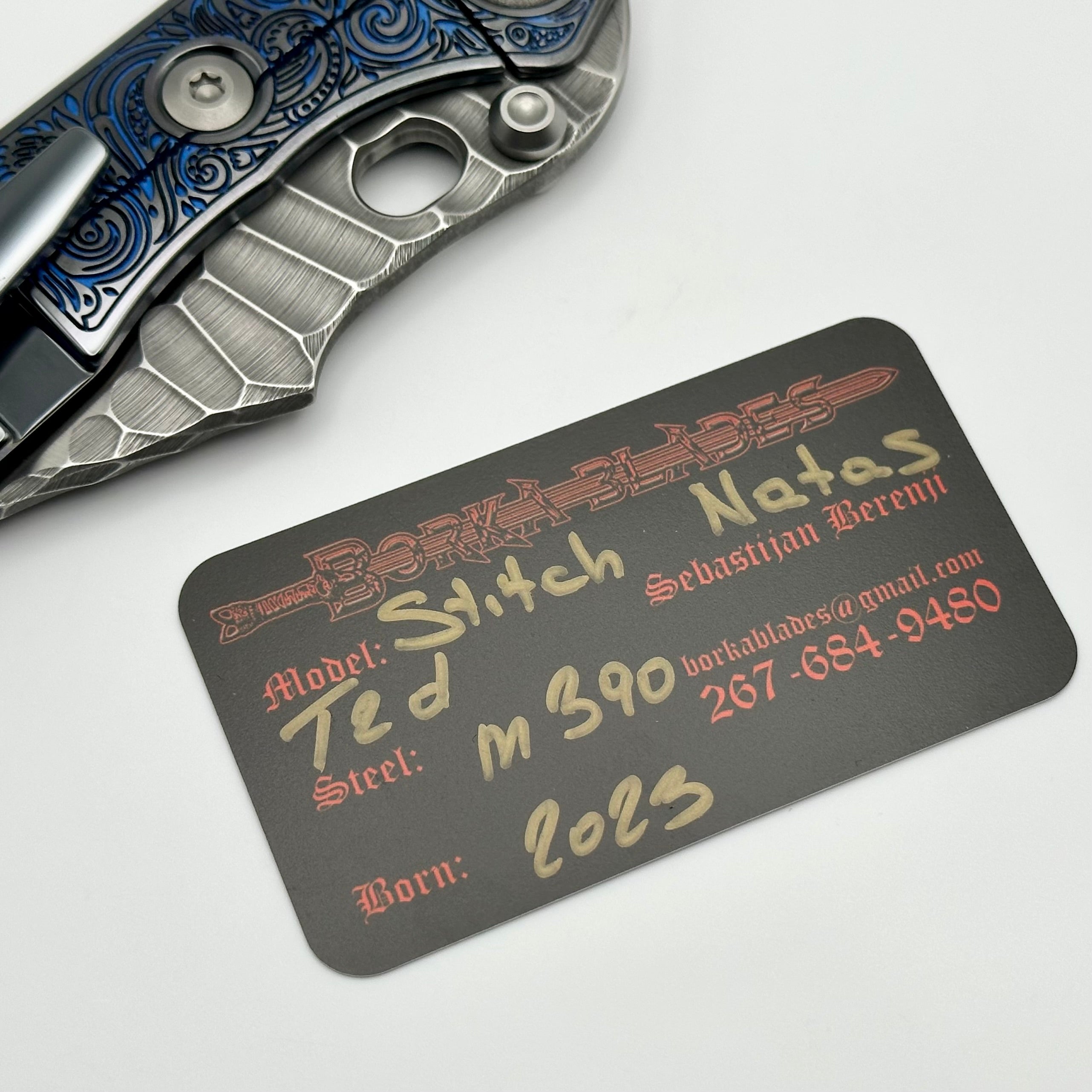 Premium Borka Blades Ti2 Custom Stitch Knife - Black Hula/Blue Natas Finish w/ Rocked M390 Blade