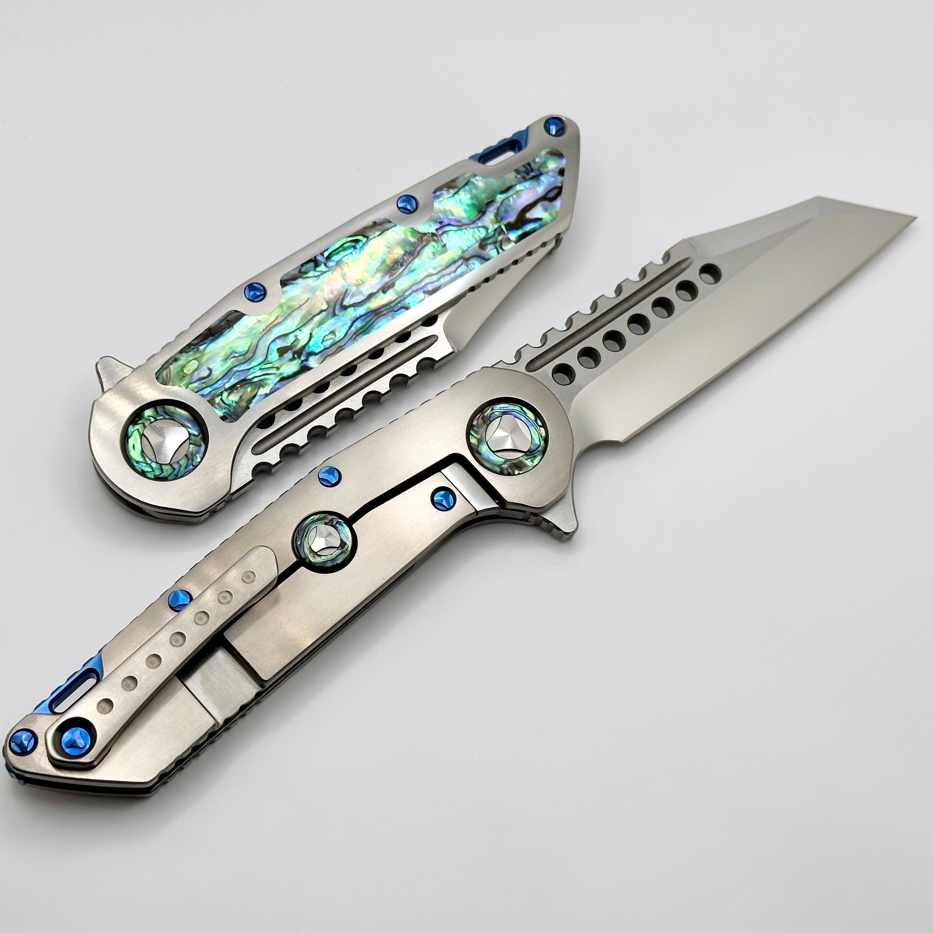 Marfione Custom Warhound Knife: Premium Mirror Polish Blade with Abalone Inlay & Blue Titanium Hardware