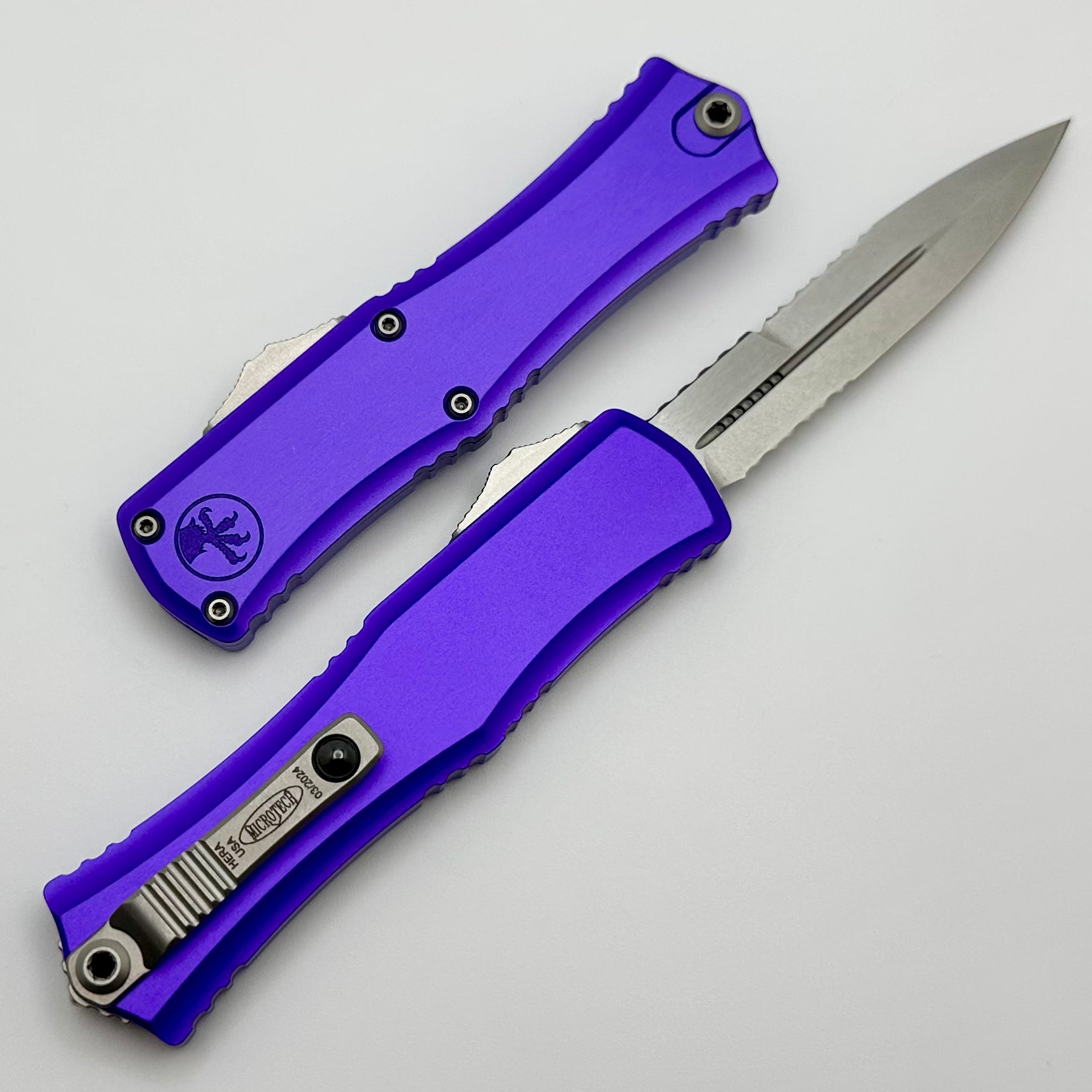 Microtech Premium Mini Hera OTF Knife - M390MK Blade, Purple Aluminum Handle