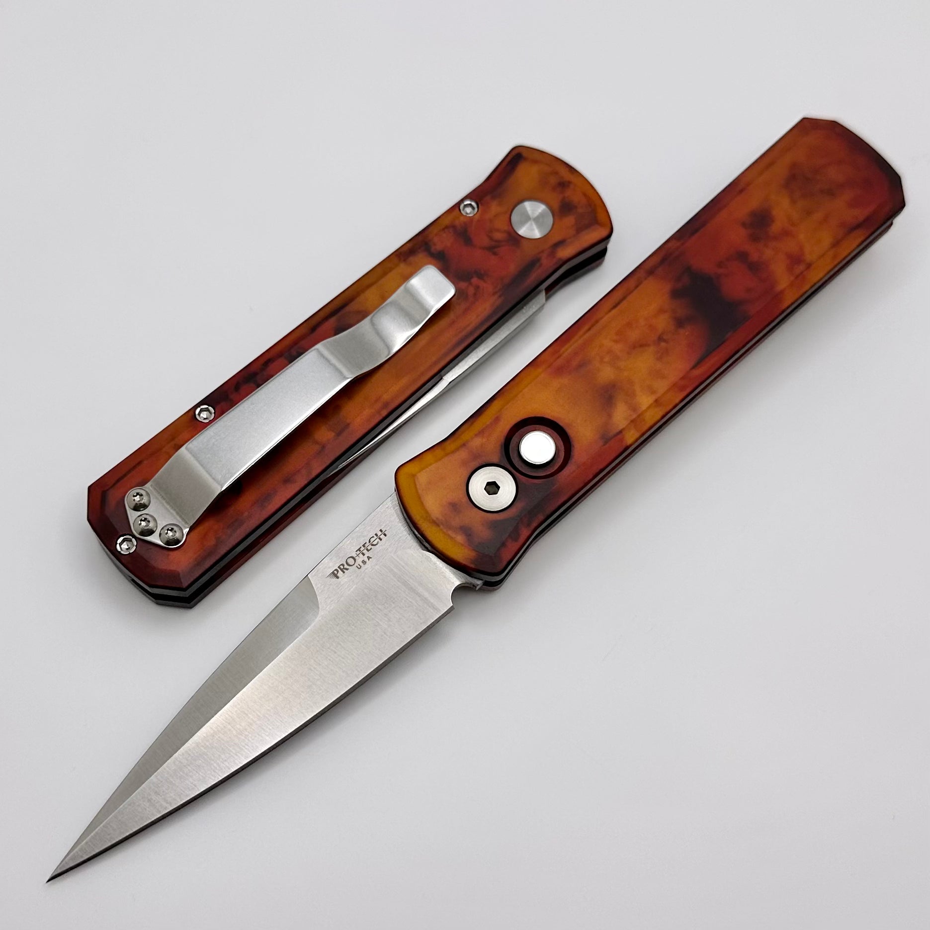 Pro-Tech Godson Del Fuego Custom Knife - Premium Anodized Handle with Mother of Pearl Button