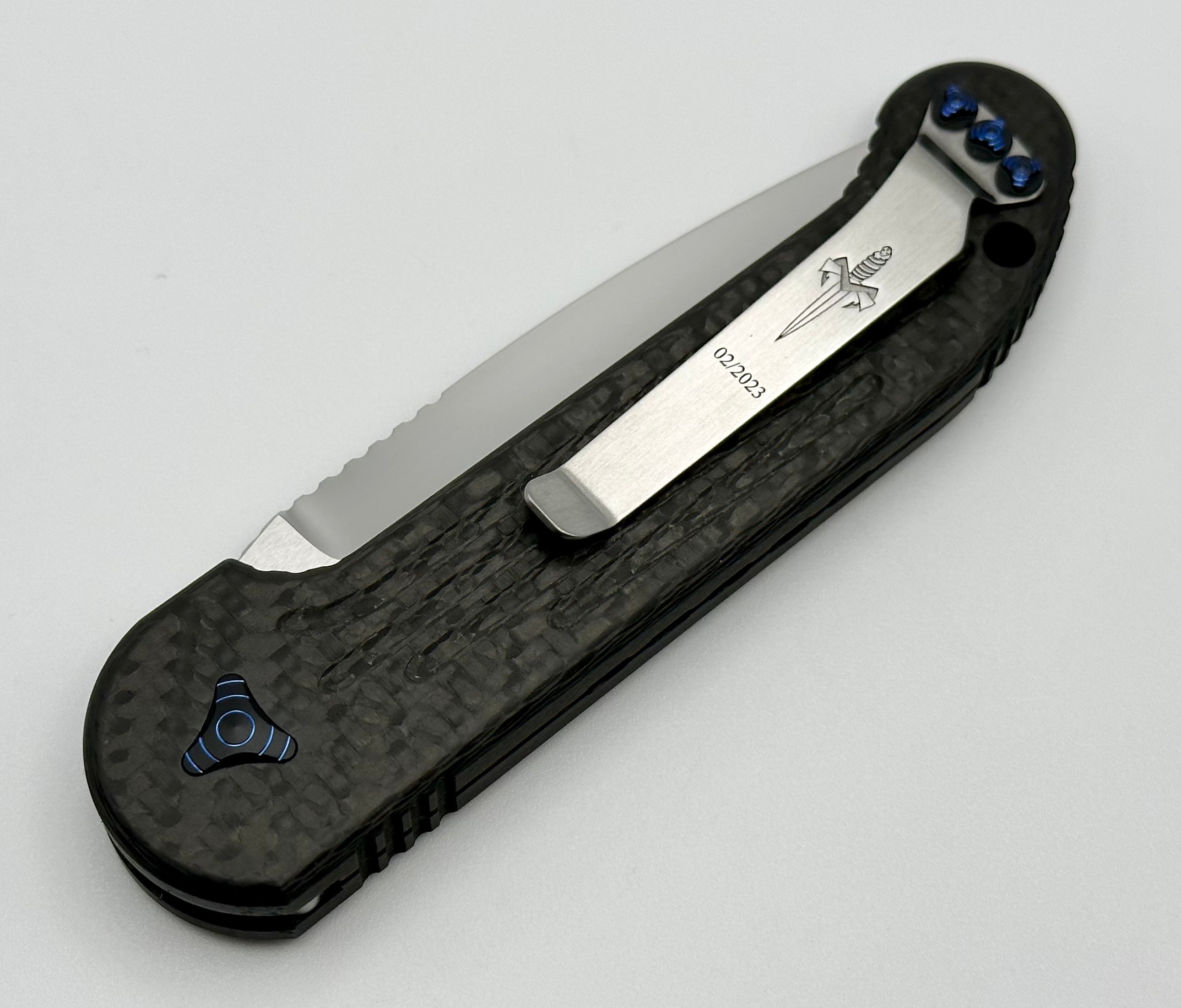 Premium Marfione Custom LUDT Knife - Mirror Polish with Carbon Fiber & Blue Accents