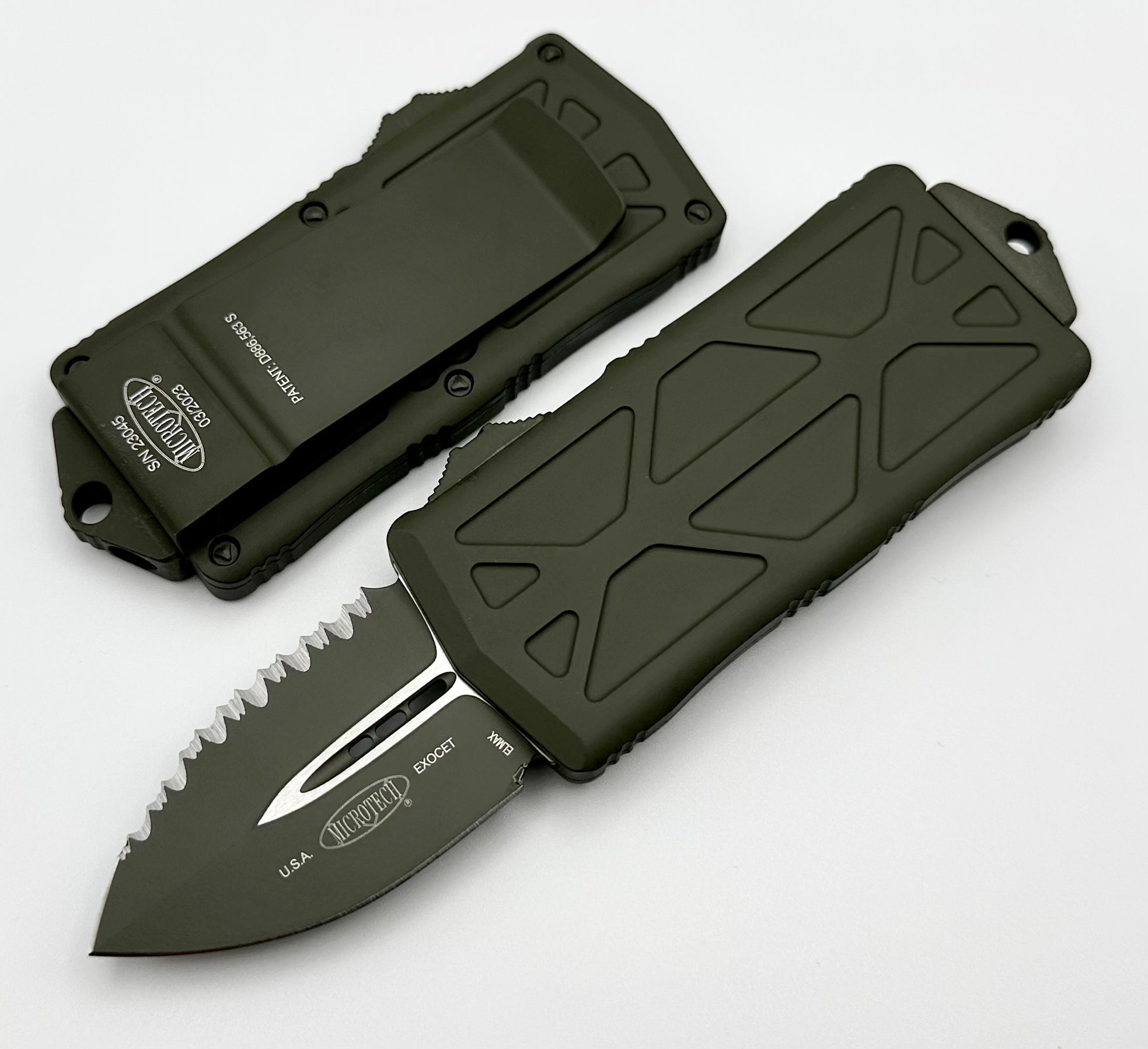 Microtech Exocet Premium Double Edge Full Serrated Knife - Cerakote OD Green