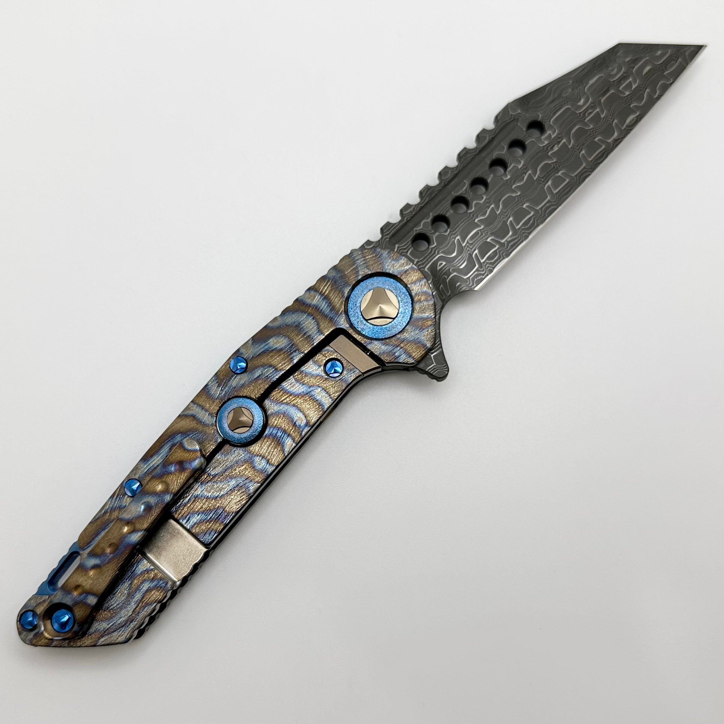 Premium Marfione Custom Warhound Titanium Knife with Blue Ti Hardware & Vegas Forge Reptilian Damascus Blade