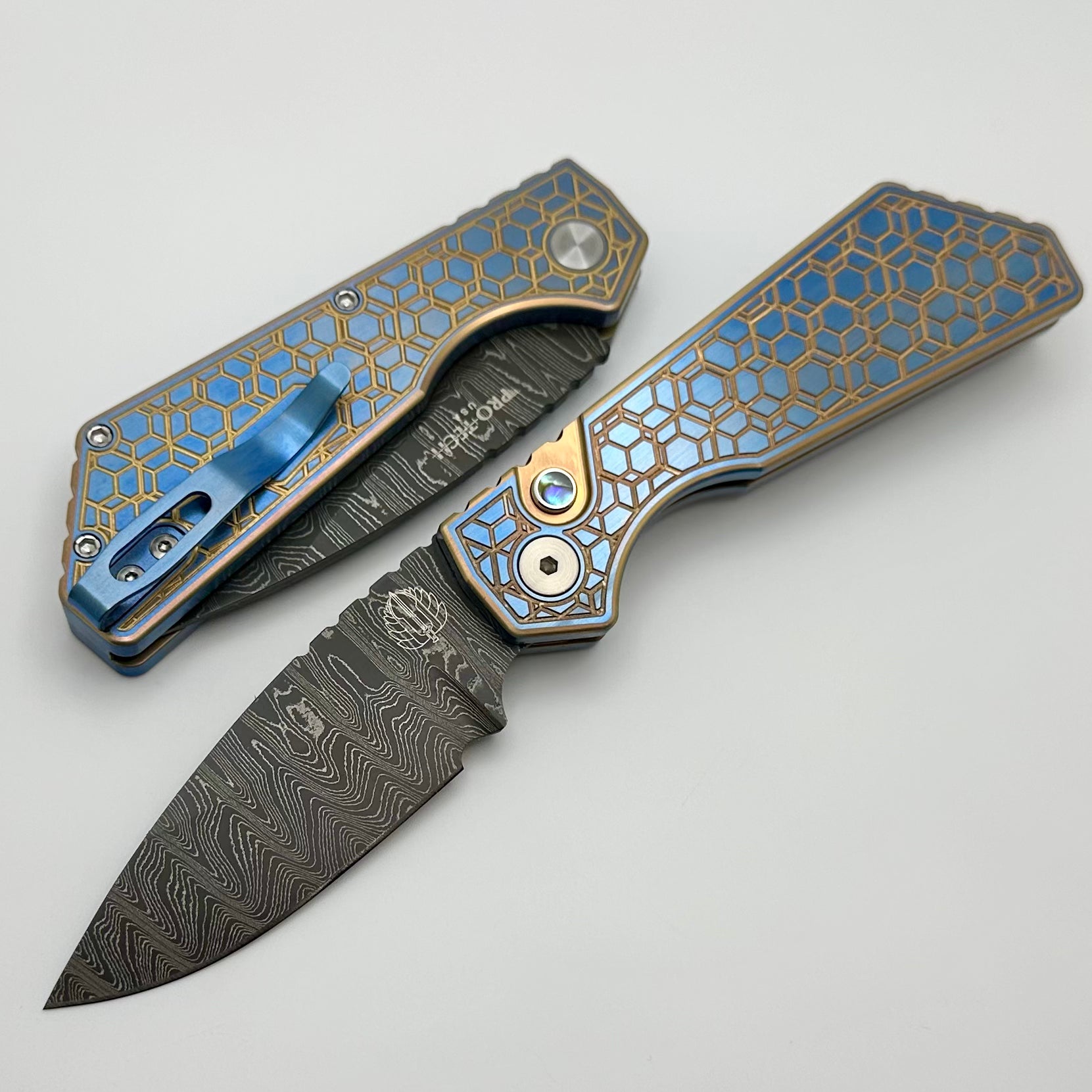 Pro-Tech PT Plus 2024 Custom: Premium Damascus Blade with Titanium Gridlock Handle & Abalone Button