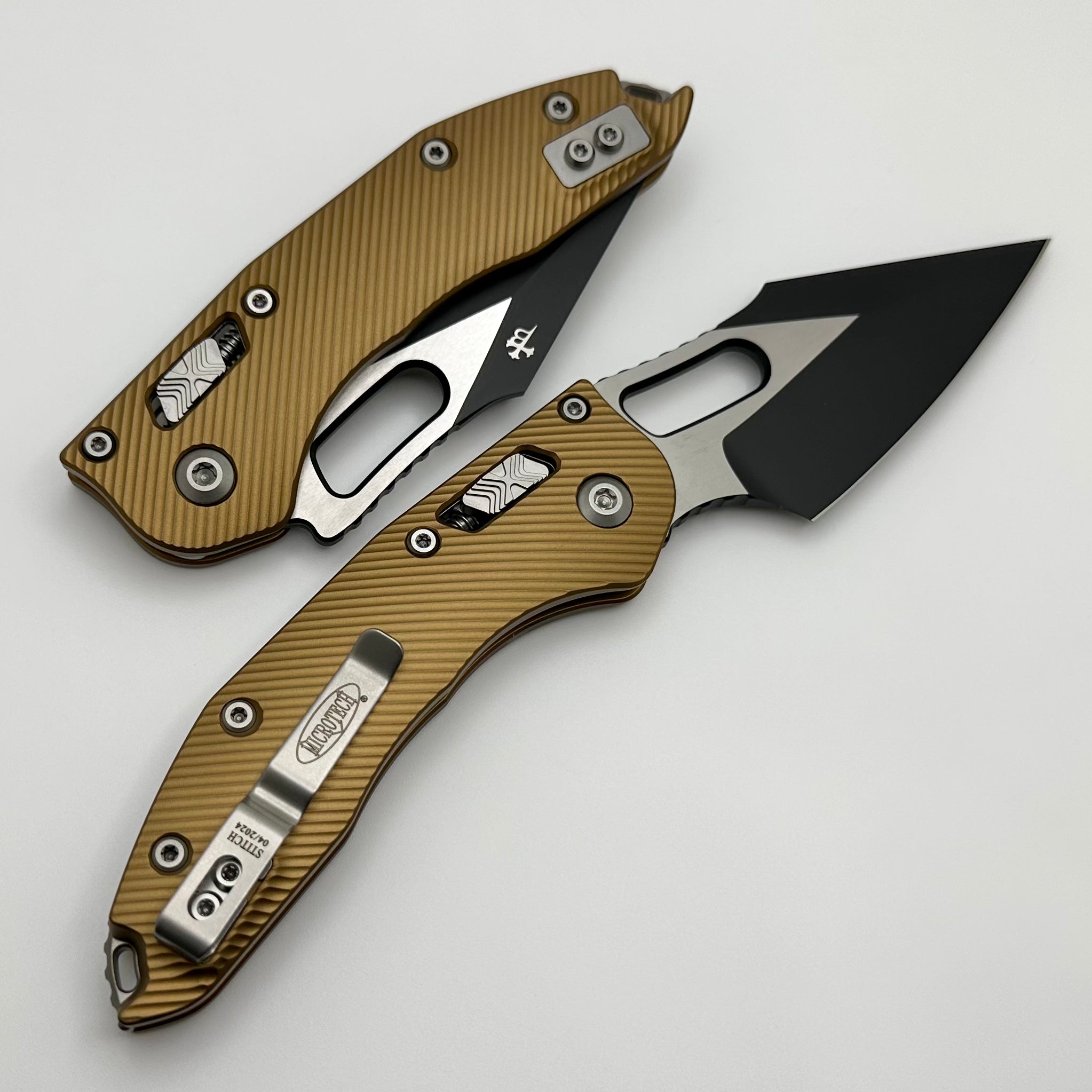 Premium Microtech Stitch RAM LOK Tactical Knife - Fluted Aluminum Tan & Black M390MK