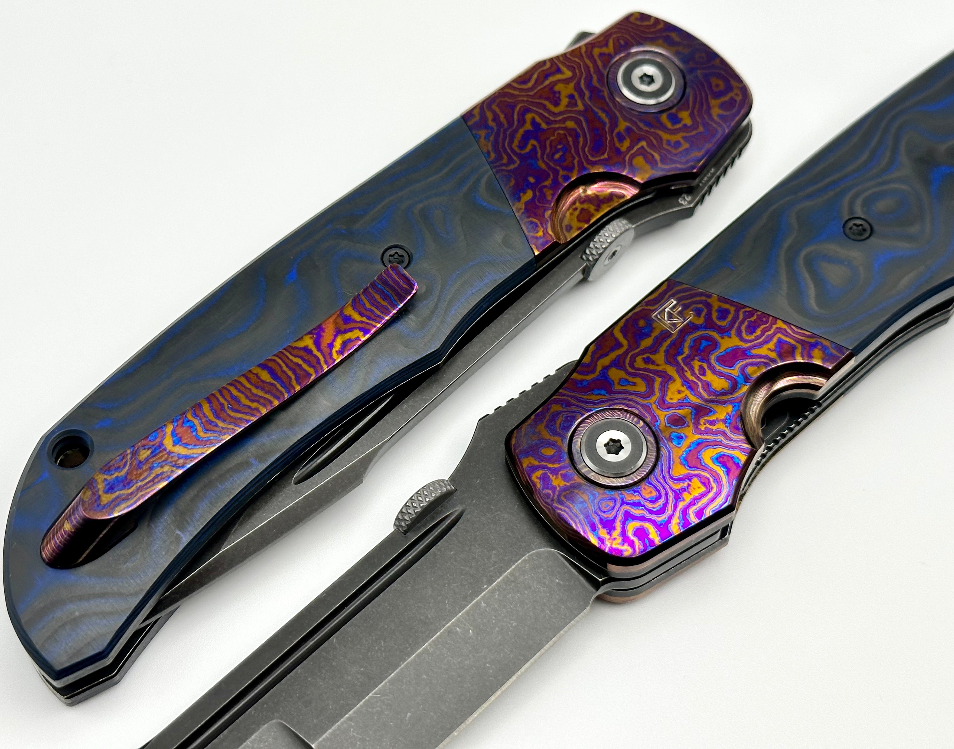 Premium Custom Knife Factory Eagle Rock - Timascus Bolsters & Blue/Black Carbon Fiber | S90V Blade