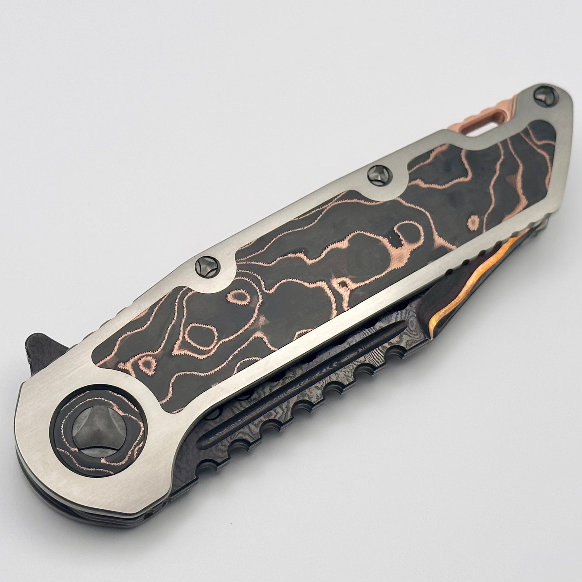 Premium Marfione Custom Warhound Sunset GoMai Damascus Knife with Titanium & Copper Carbon Fiber Inlay