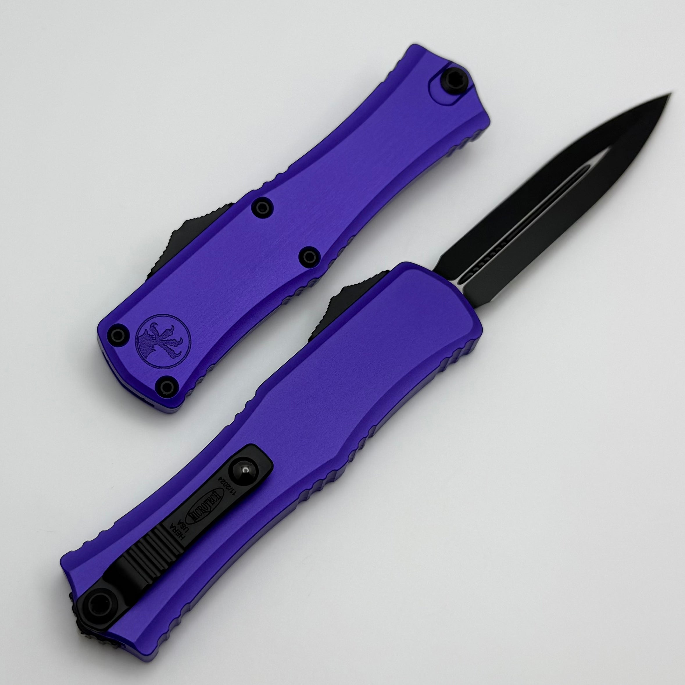 Microtech Mini Hera Premium OTF Knife - Black M390MK Blade with Purple Aluminum Handle