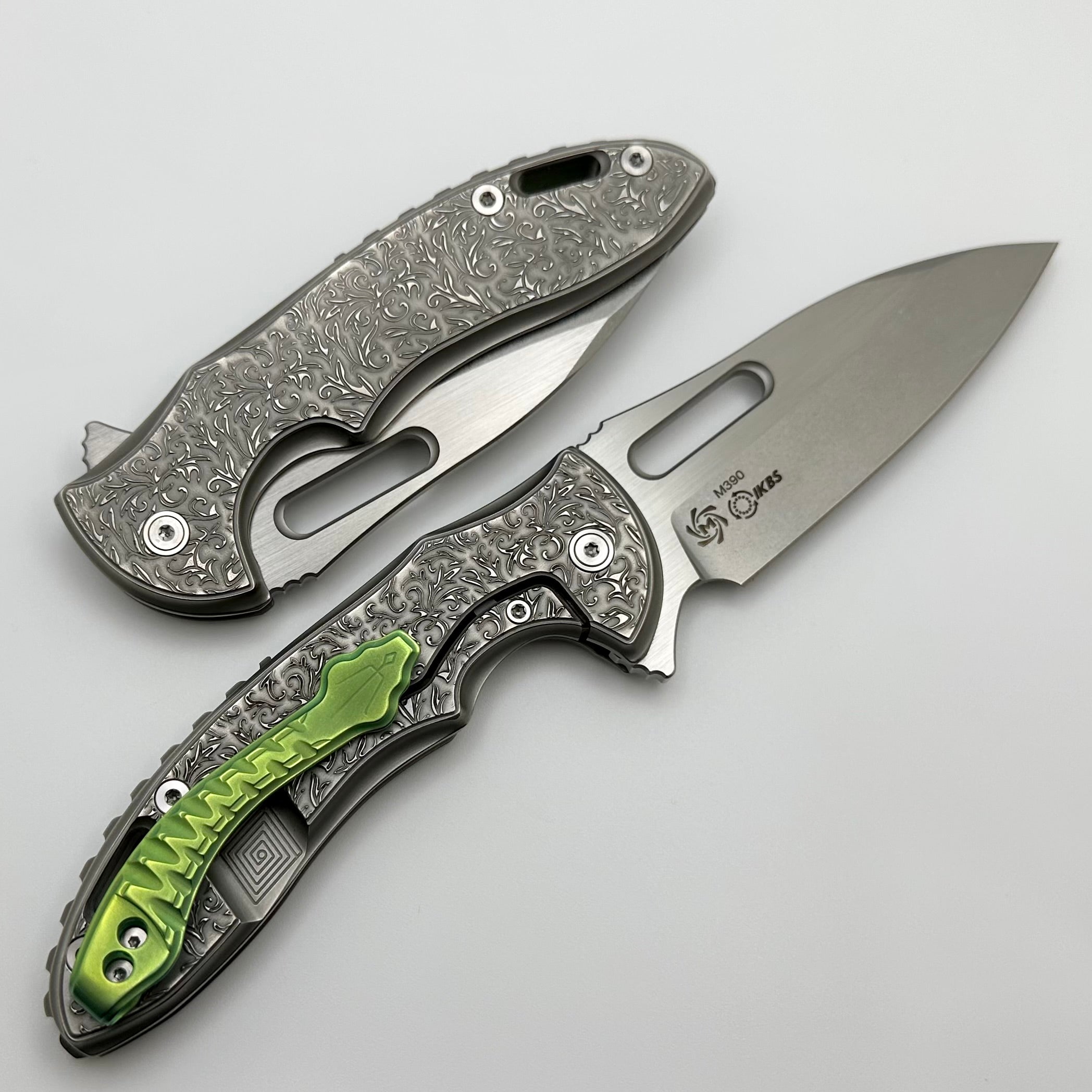 Premium Mechforce Knives Sentry: Rick Lala Collaboration with Scroll Pattern Titanium & M390 Blade - Exclusive Green Clip