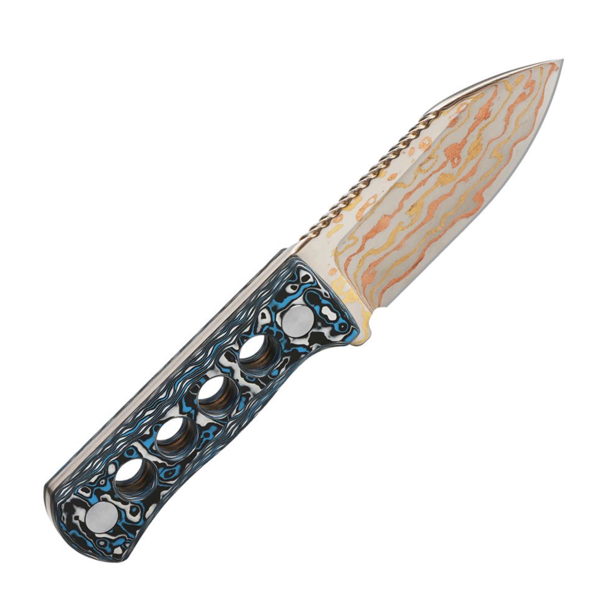 Premium QSP Canary Neck Knife - Brass Copper Damascus Blade & Tri-Color Carbon Fiber Handle