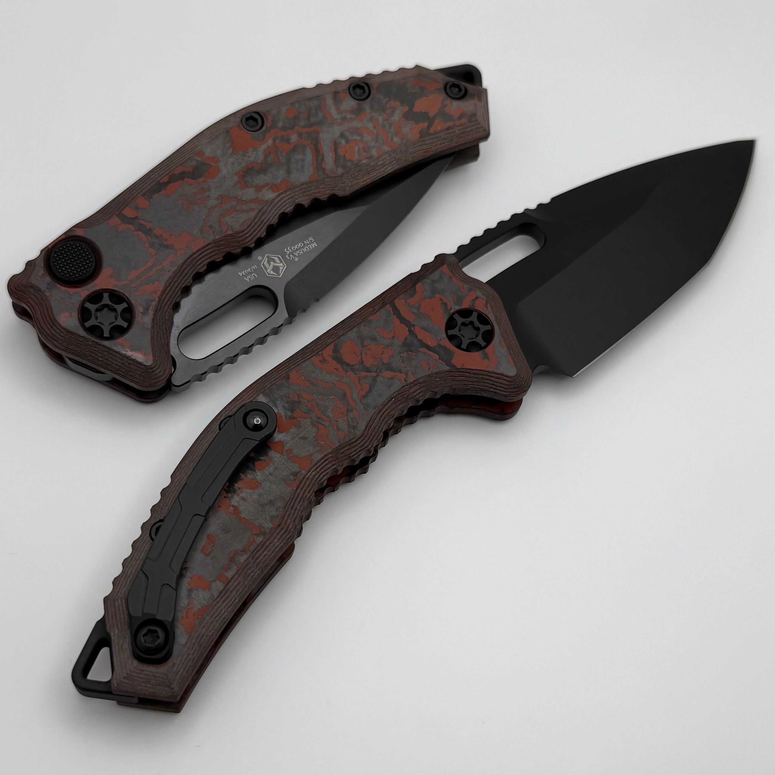 Heretic Knives Premium Medusa Tactical Knife - Blood Red Carbon Camo with DLC Tanto MagnaCut Blade