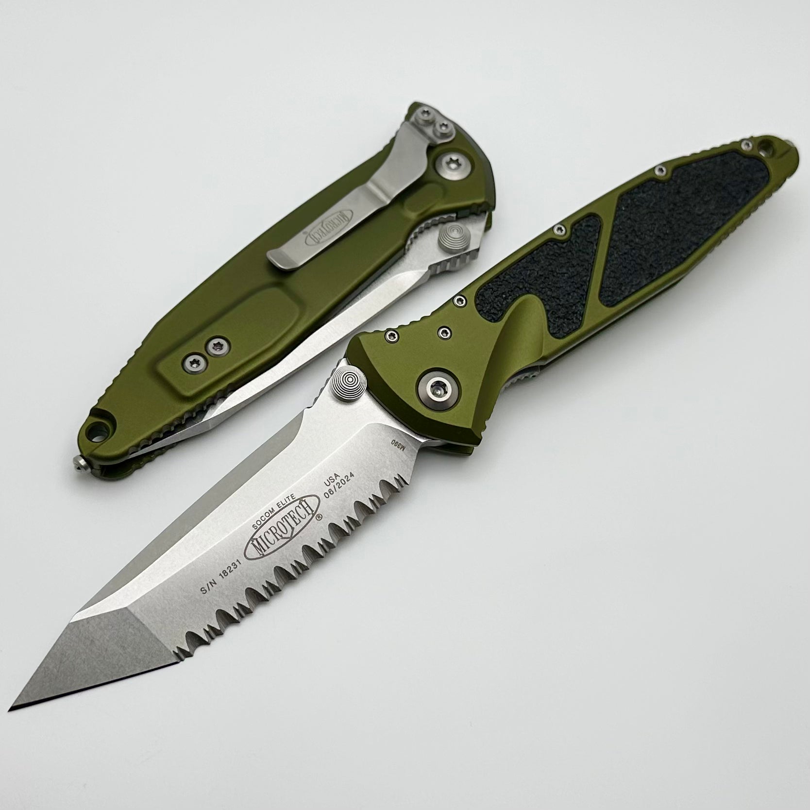 Microtech Socom Elite Tanto M/A OD Green Full Serrated Stoneash Standard 161-12OD - Premium Tactical Folding Knife