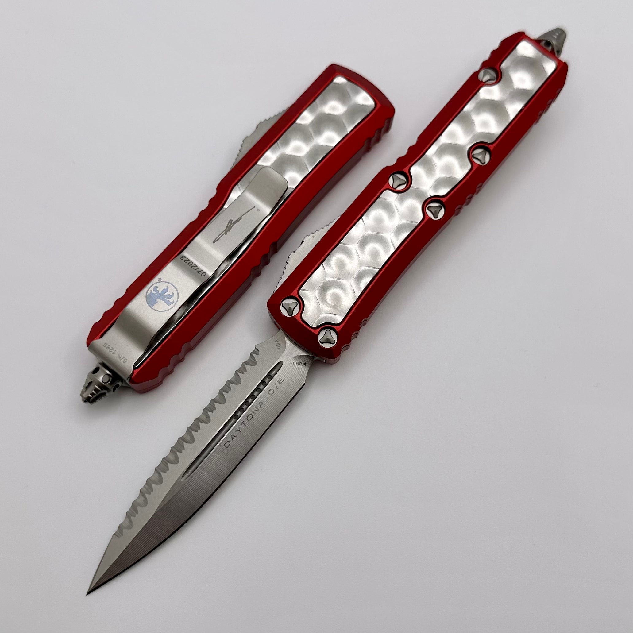 Premium Microtech Red Daytona Tactical Knife with Brute Bubble Inlays & Stonewash Double Edge - Signature Series 126-12RDBIS