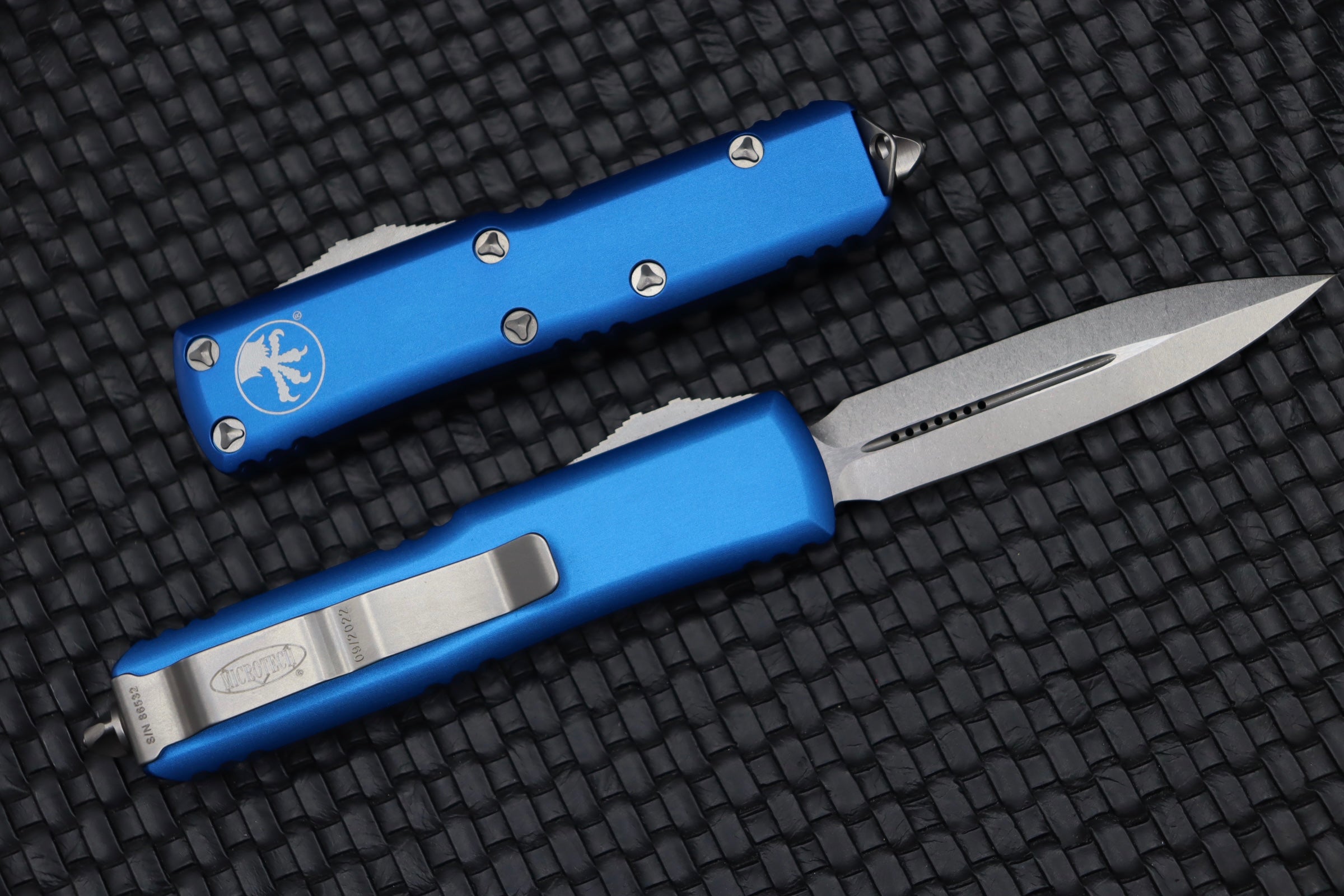 Microtech UTX-85 Double Edge Tactical Knife - Stonewash & Blue Finish